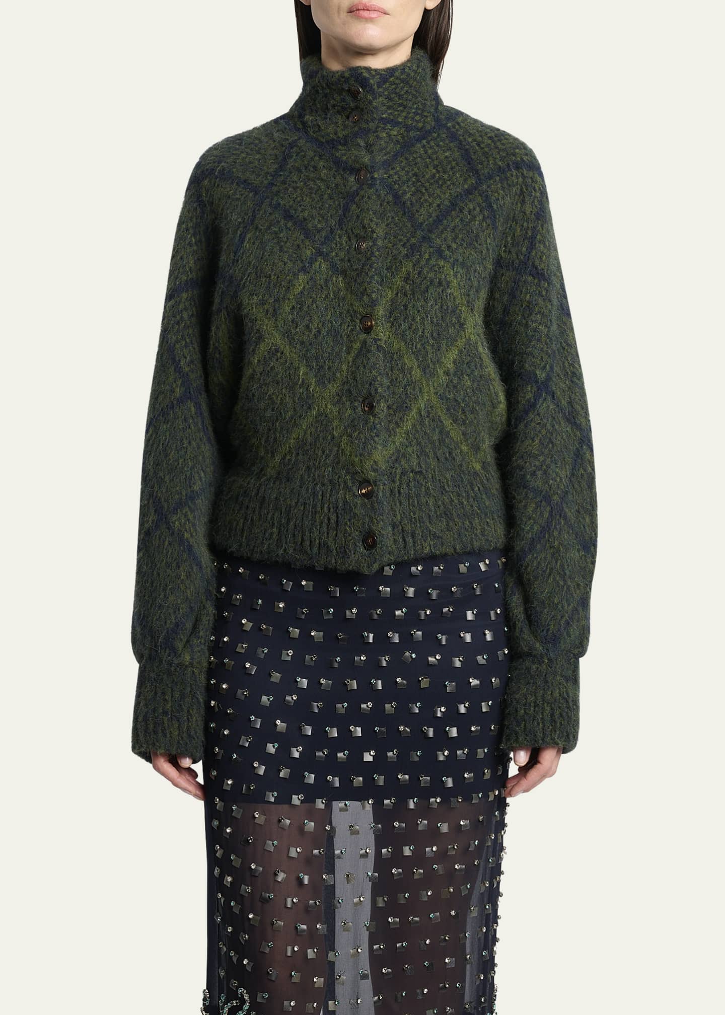 Dries Van Noten Diamond Knit Turtleneck Cardigan - Bergdorf Goodman