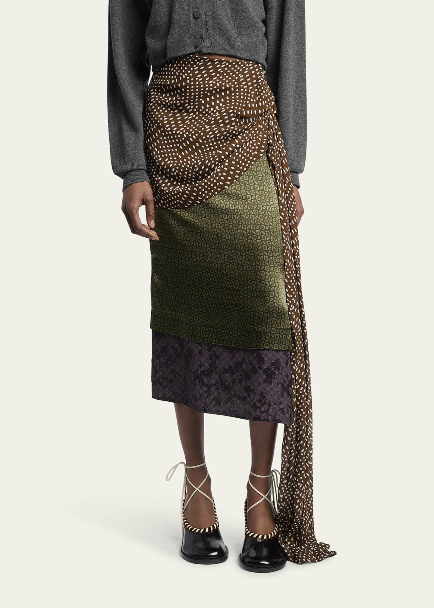 Draped Layered Satin Midi Skirt