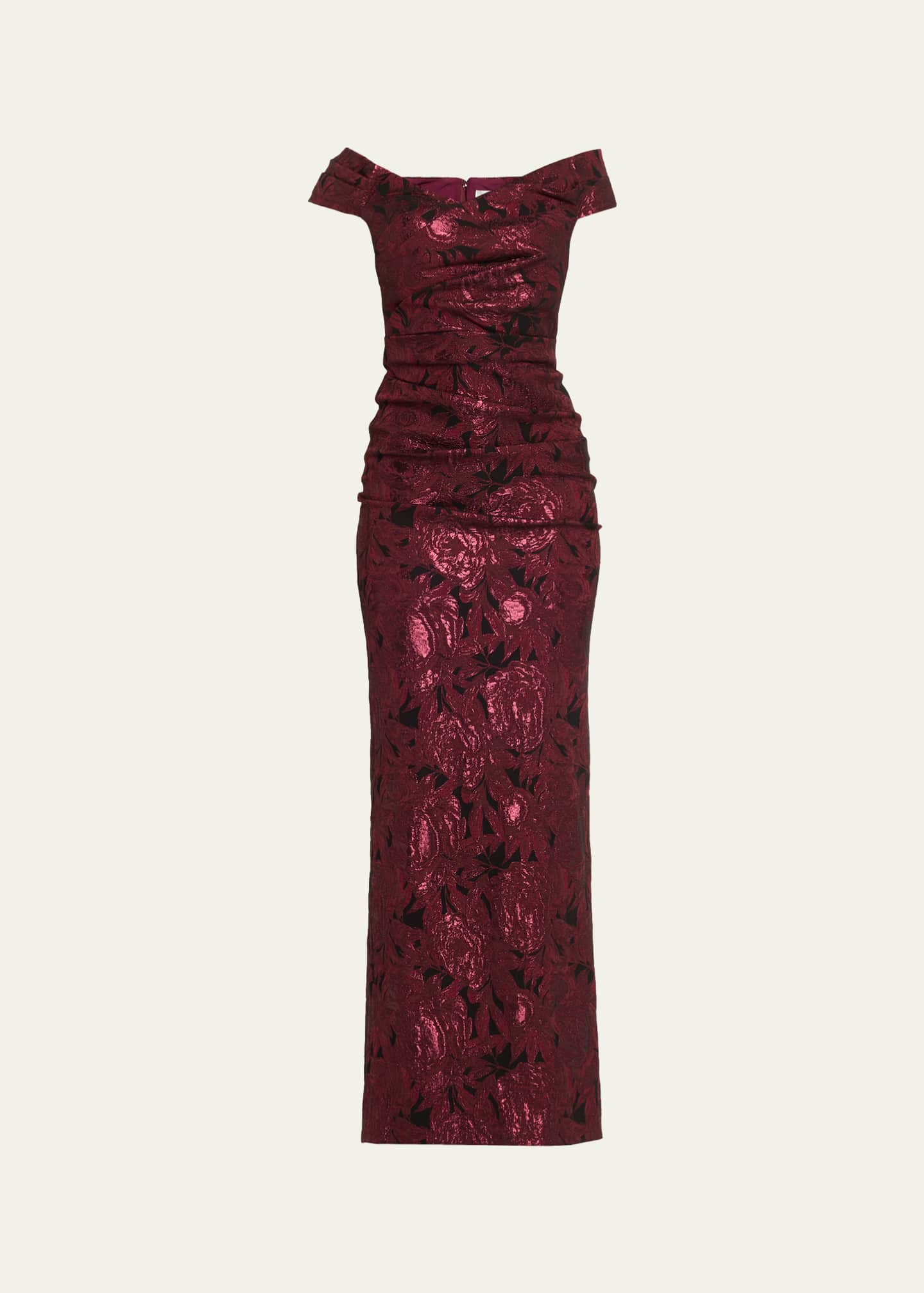 Teri Jon Floral Stretch Jacquard Off-The-Shoulder Ruched Gown - Black Merlot - 16