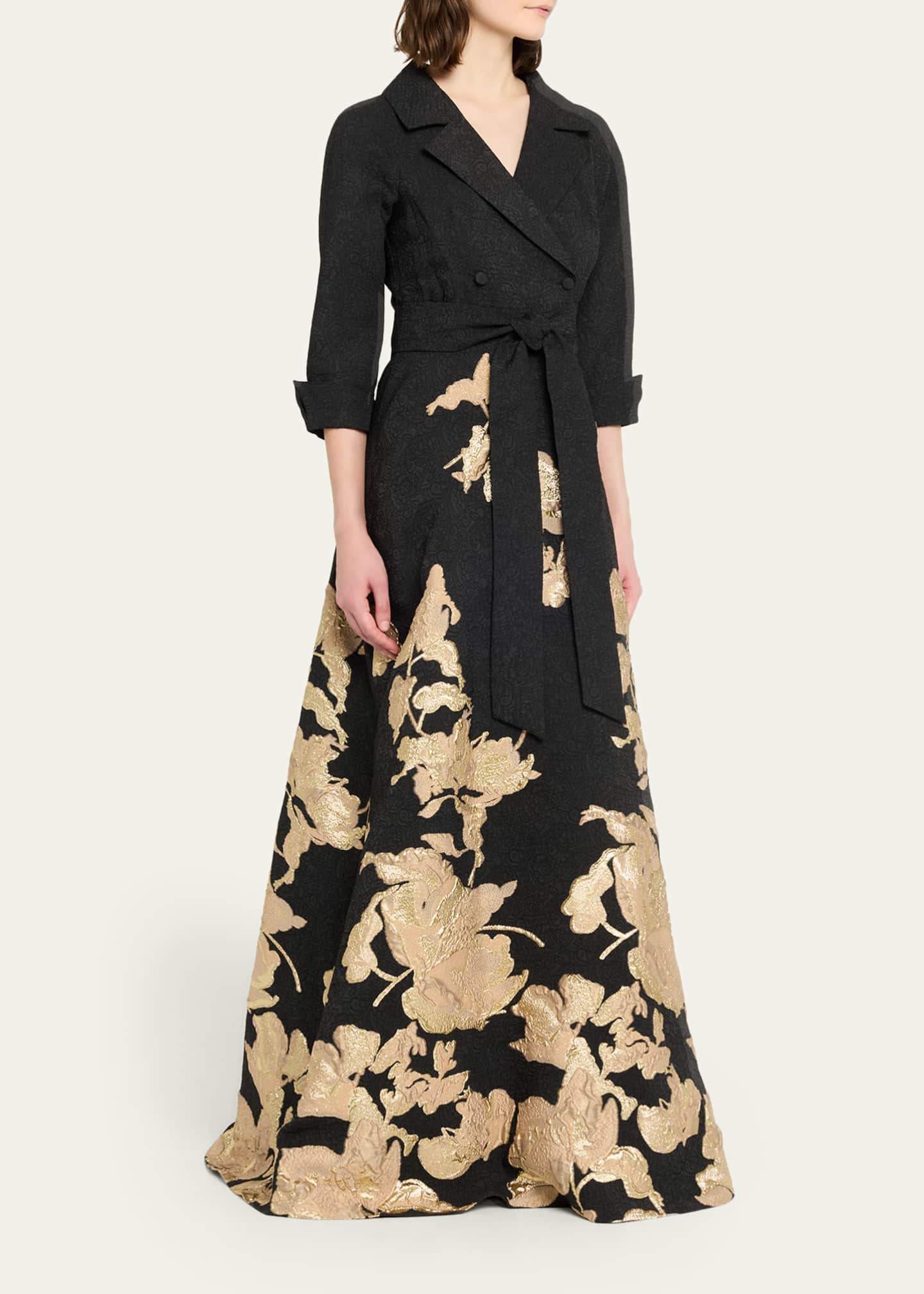 rickie freeman for teri jon dresses Metallic Jacquard Floral V Neck Gown Size 2 shoulder neckline Short sleeves Pleated bodice Full length Trumpet silhouette Invisible back zipper Polyester Imported Model is 510/177cm. Teri Jon Taffeta Shirt Waist