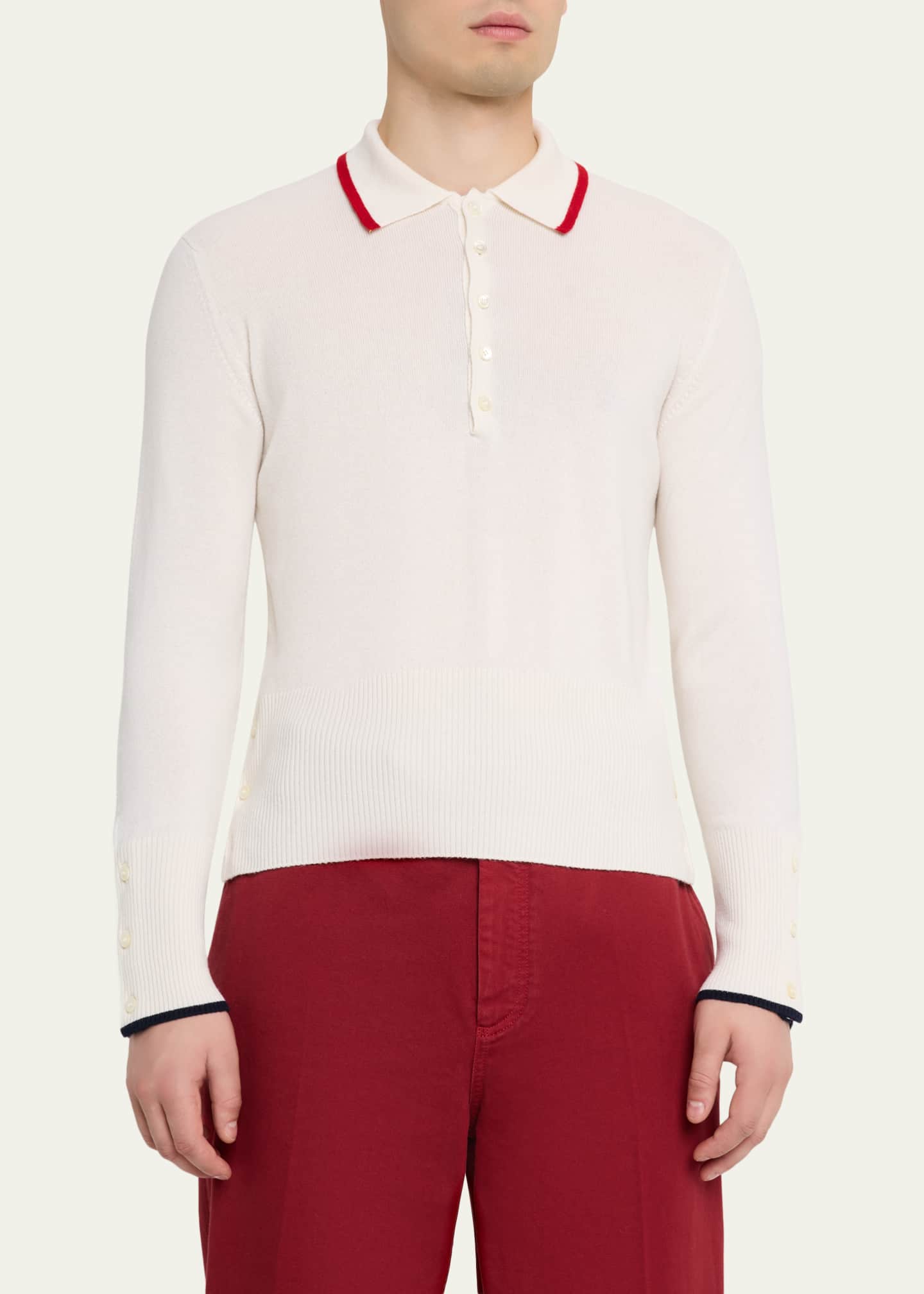 Men's Browne 65 Jersey Intarsia Cashmere Long Sleeve Polo in White Size 2
