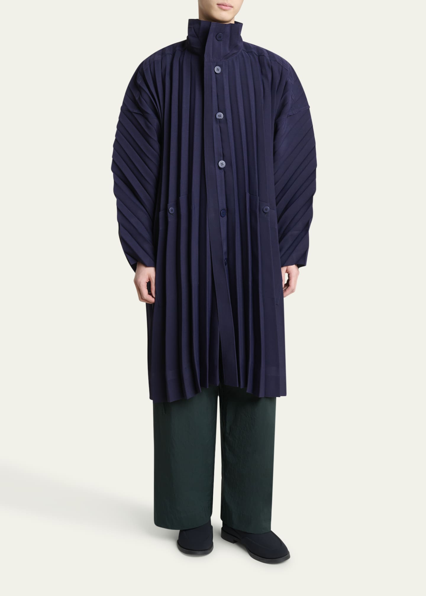 Men's Navy Edge Pleated Overcoat