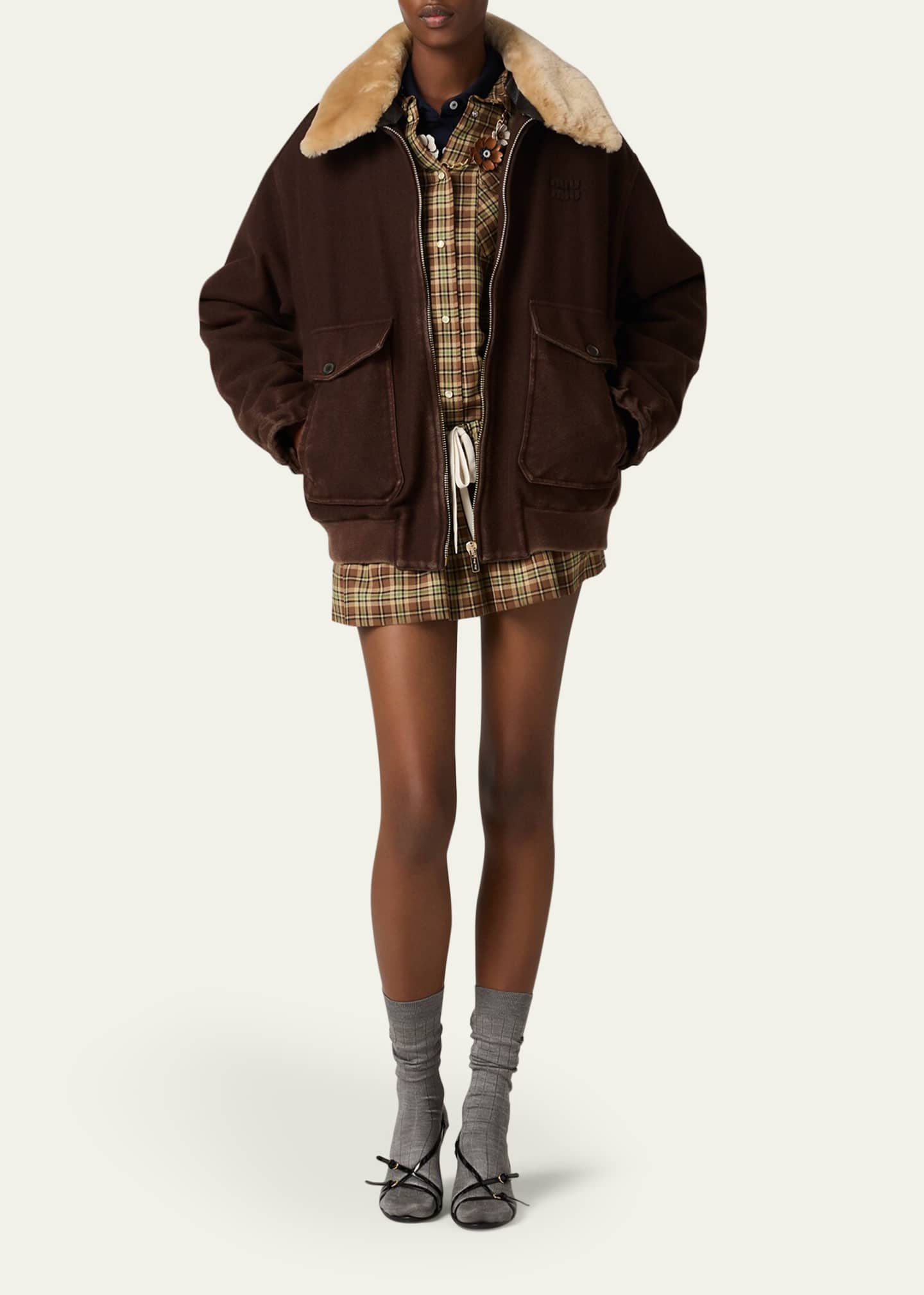Miu Miu Lamb Shearling Collar Zip Barn Jacket - Bergdorf Goodman