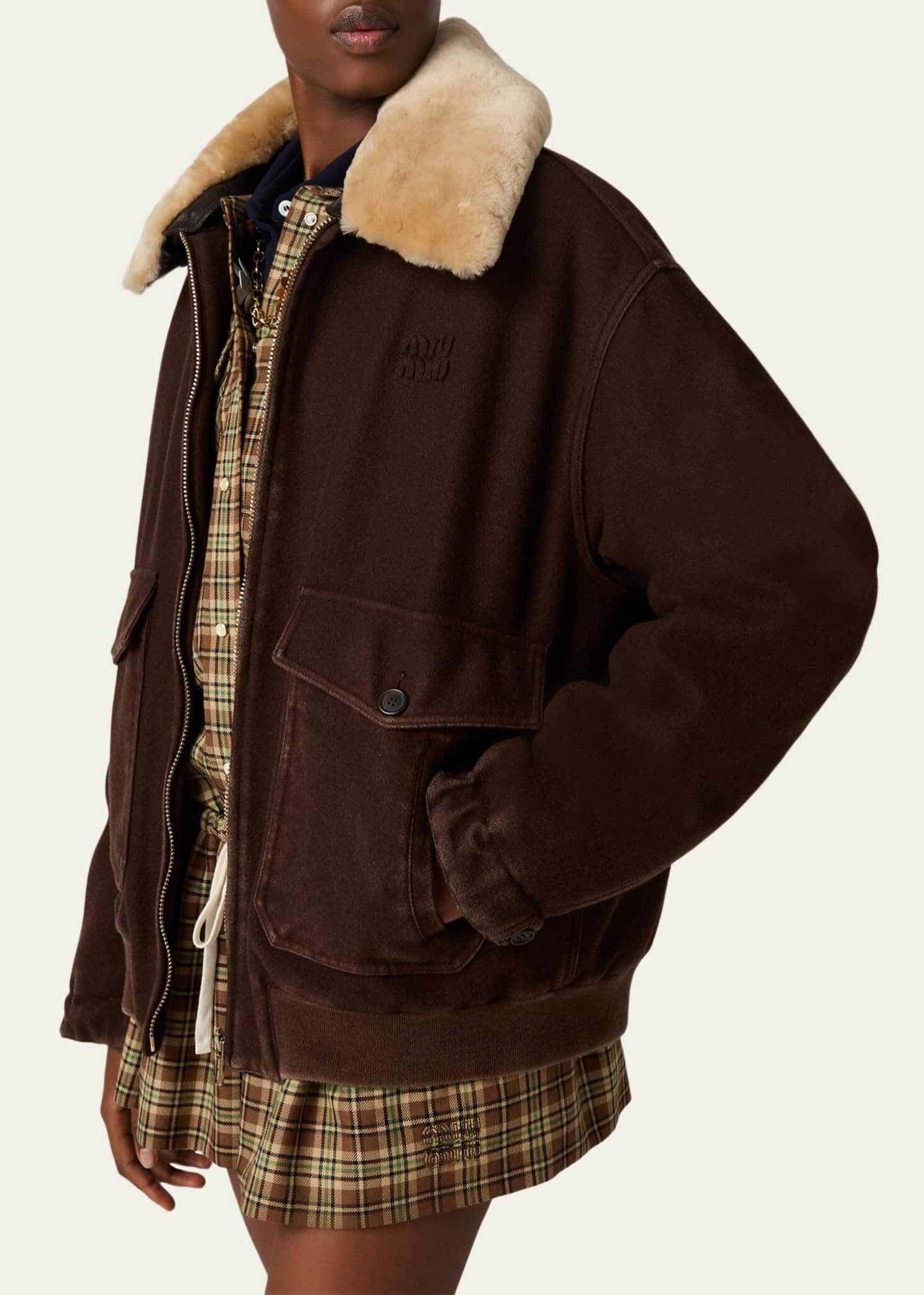 Miu Miu Lamb Shearling Collar Zip Barn Jacket - Bergdorf Goodman