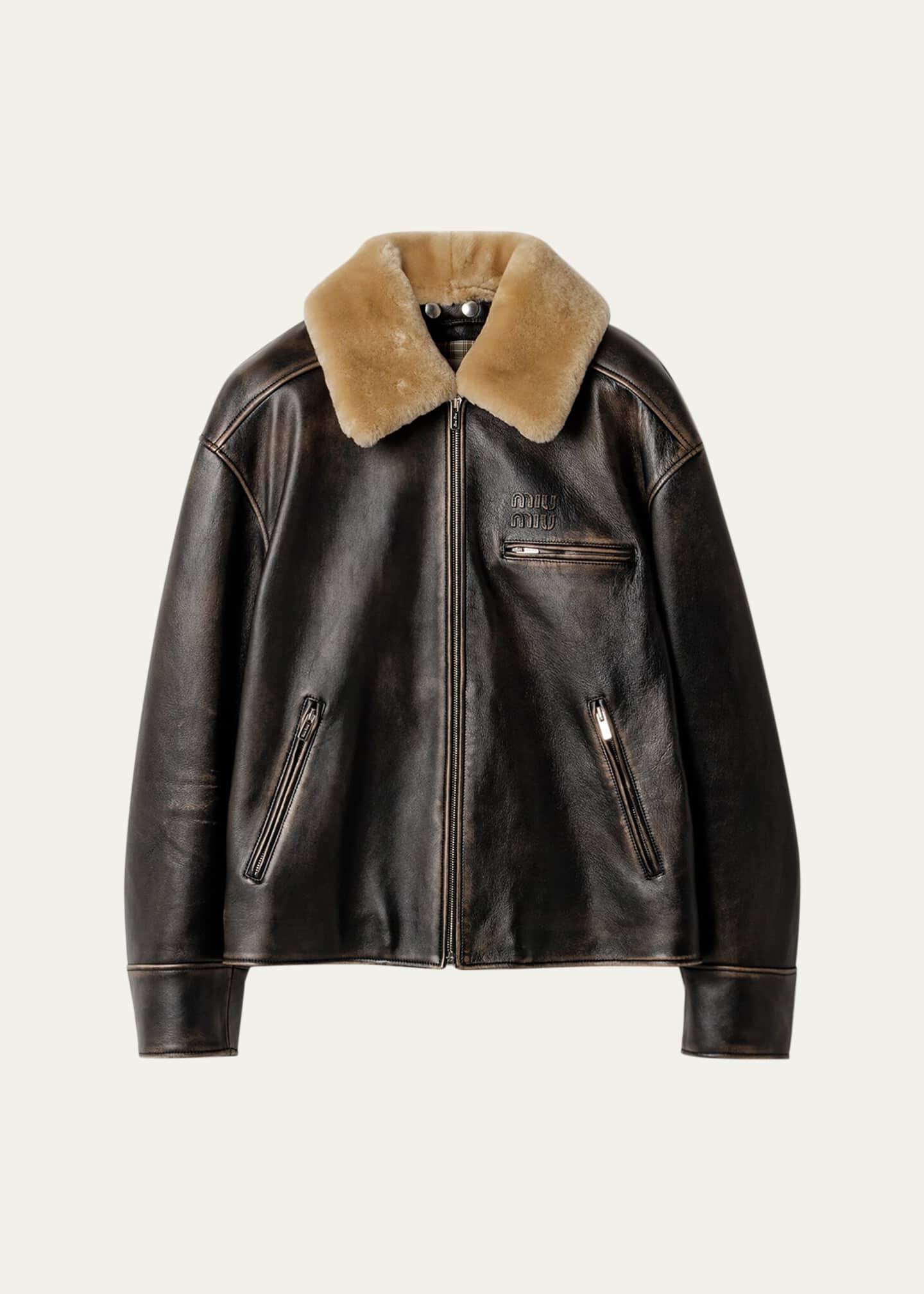 Miu Miu Lamb Shearling-Collar Leather Aviator Jacket