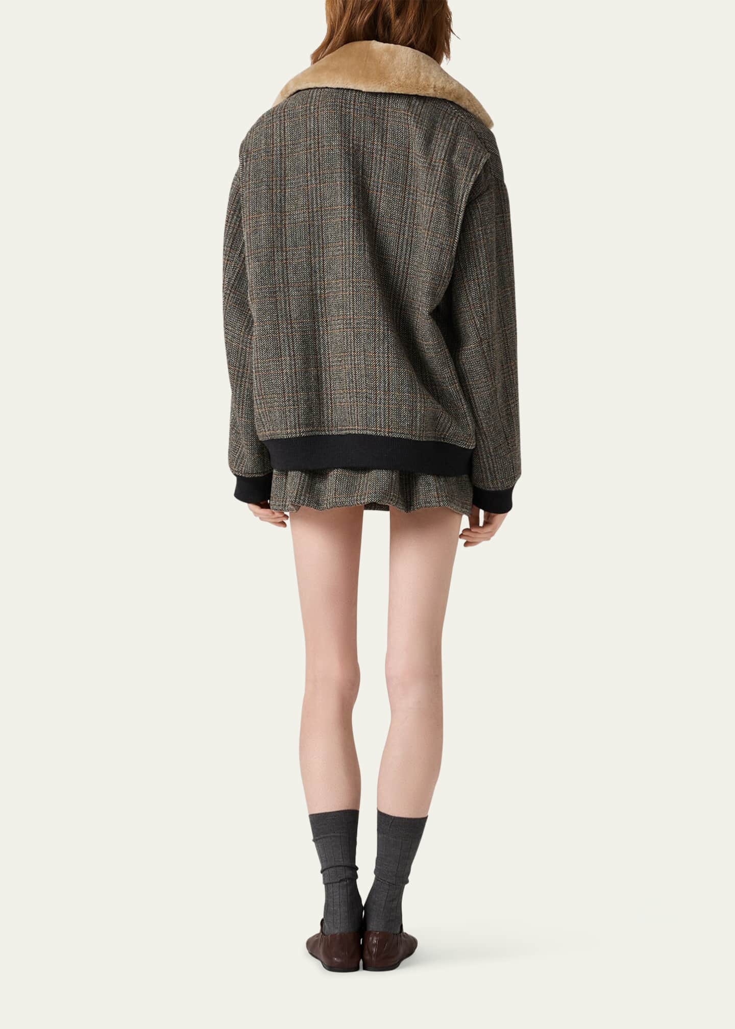 Drawstring Wool Herringbone Mini Skirt