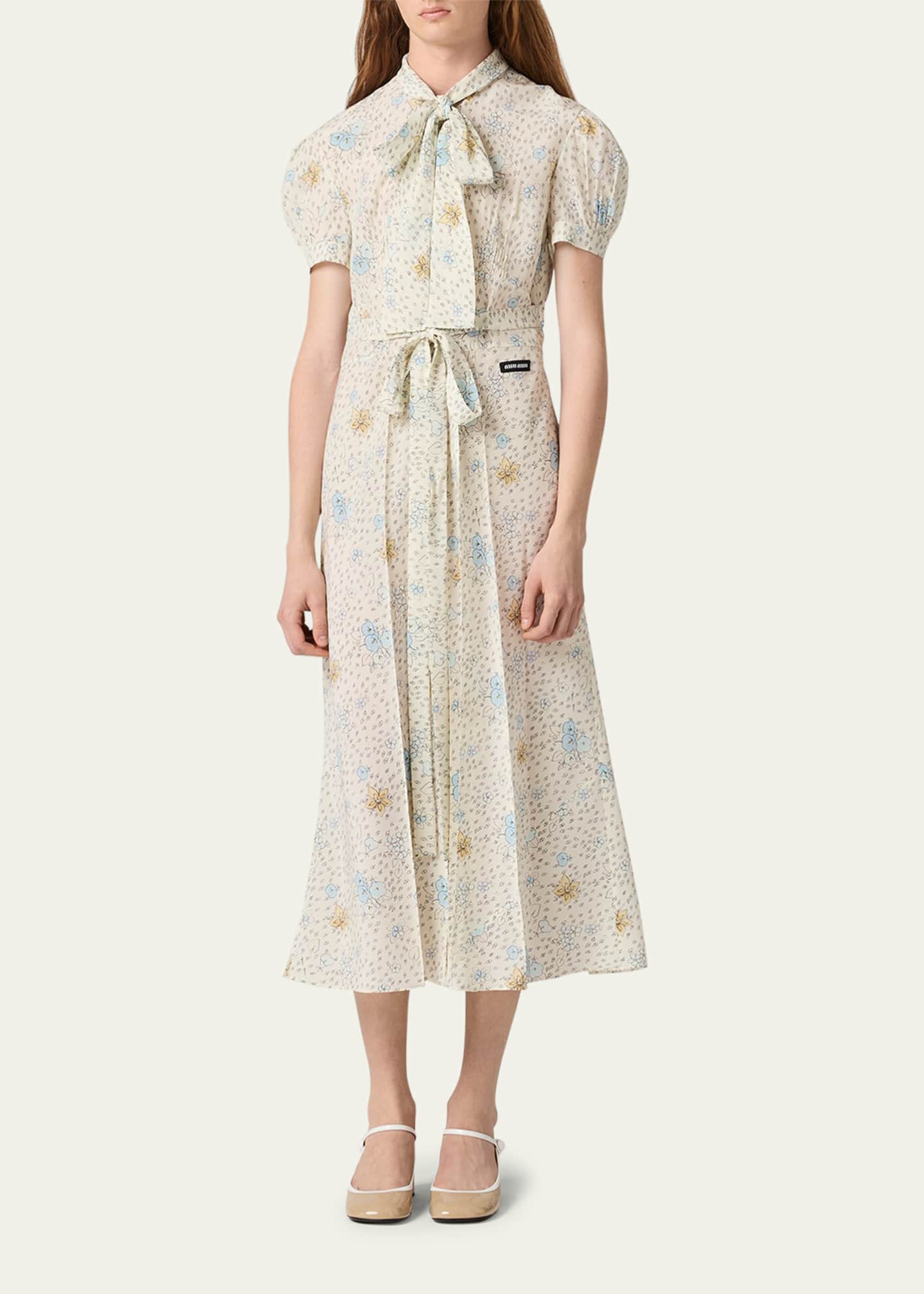 miu miu floral midi dress Miu Miu Floral Neck-Tie Short-Sleeve Midi Dress