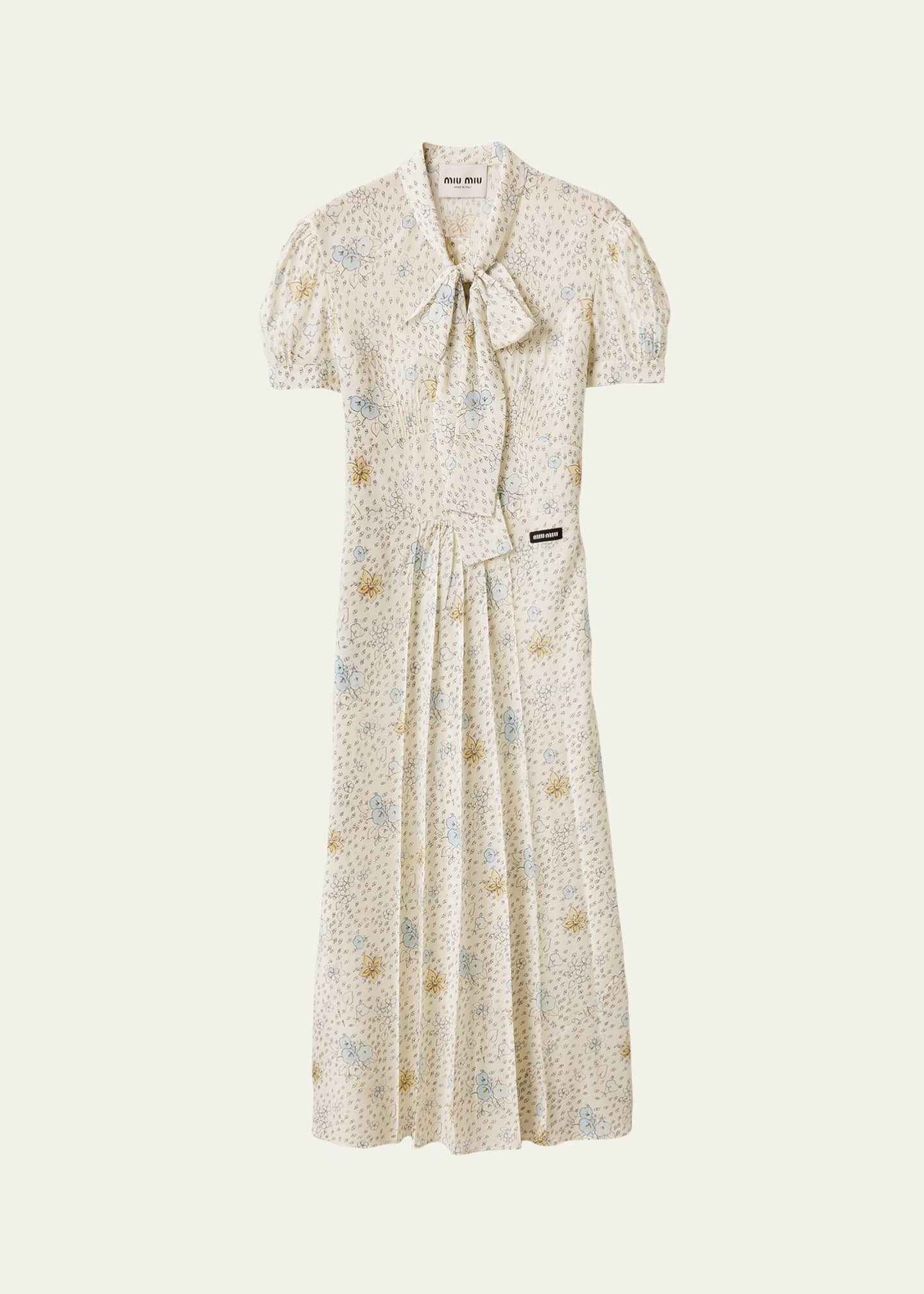 miu miu floral midi dress Miu Miu Floral Neck-Tie Short-Sleeve Midi Dress