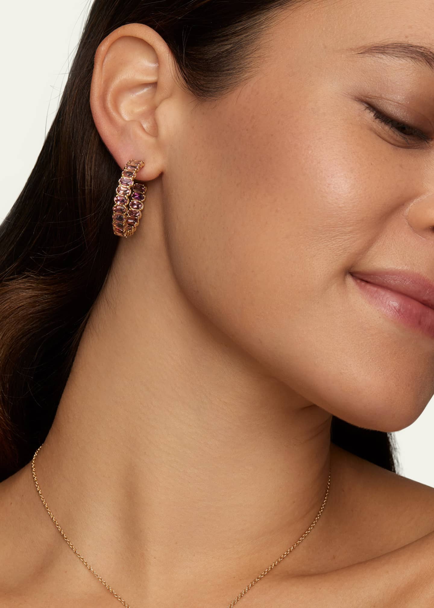 Jamie Wolf 18K Yellow Gold Hoop Earrings with Oval Shaped Pink Tourmaline Image 2 of 2