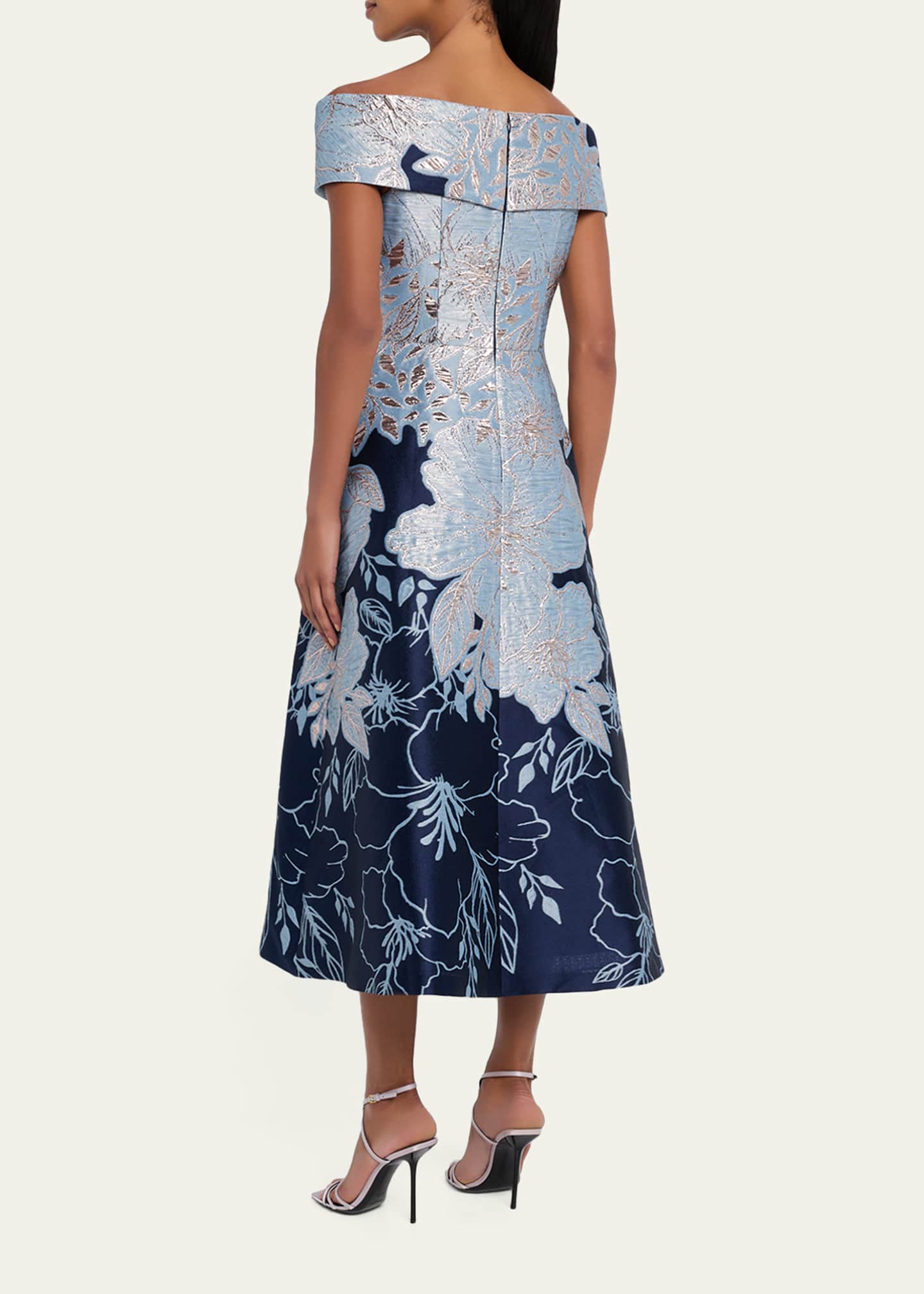 Rickie Freeman For Teri Jon Off-Shoulder Floral Jacquard Midi Dress - Blupat