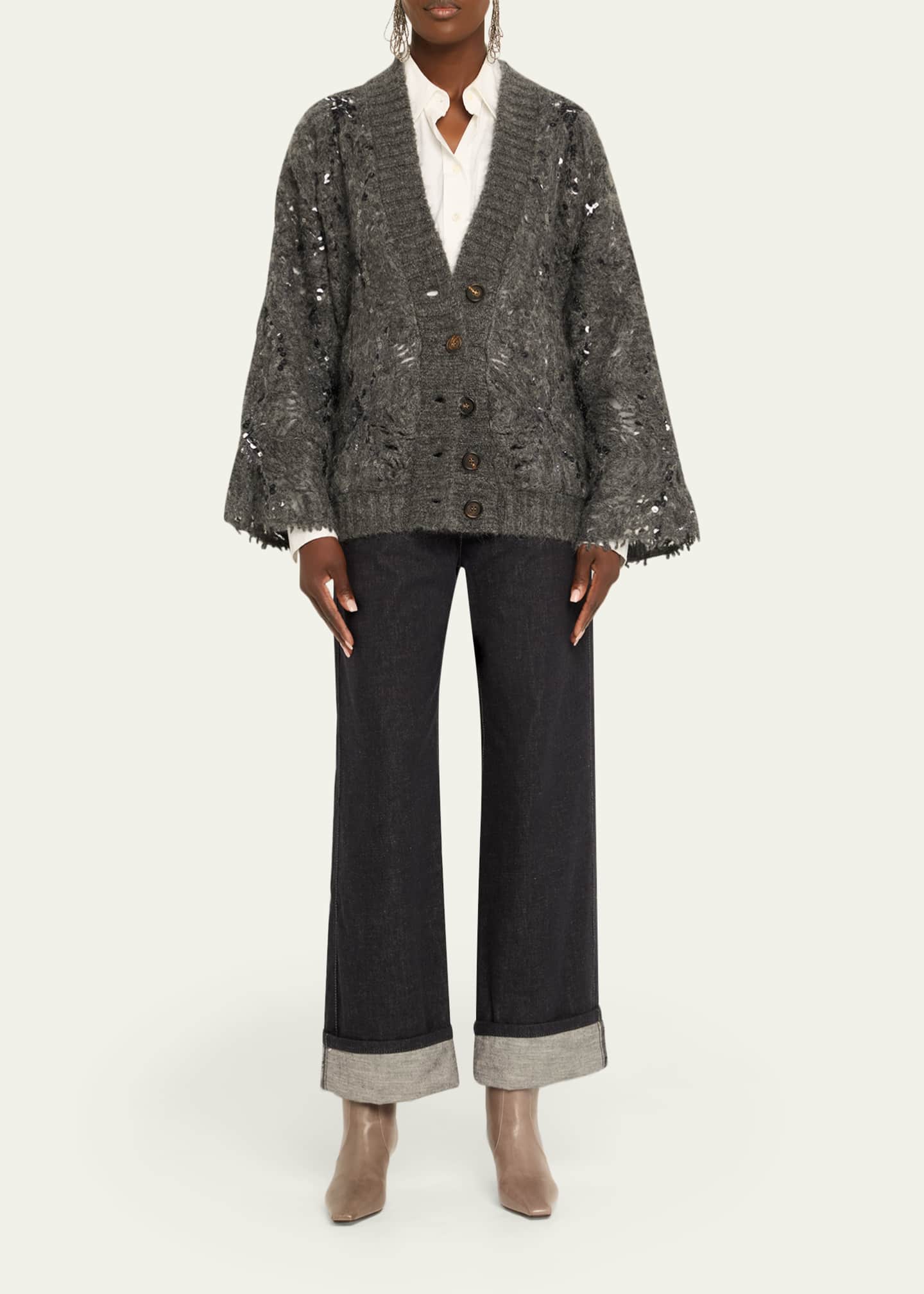 Brunello Cucinelli Frosty Sequined Wool-Cashmere V-Neck Cardigan