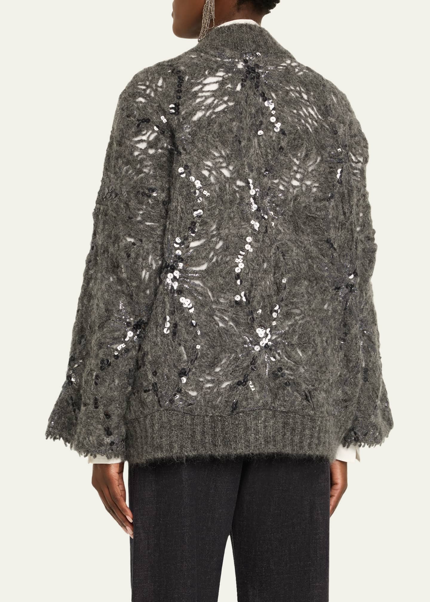 Brunello Cucinelli Frosty Sequined Wool-Cashmere V-Neck Cardigan