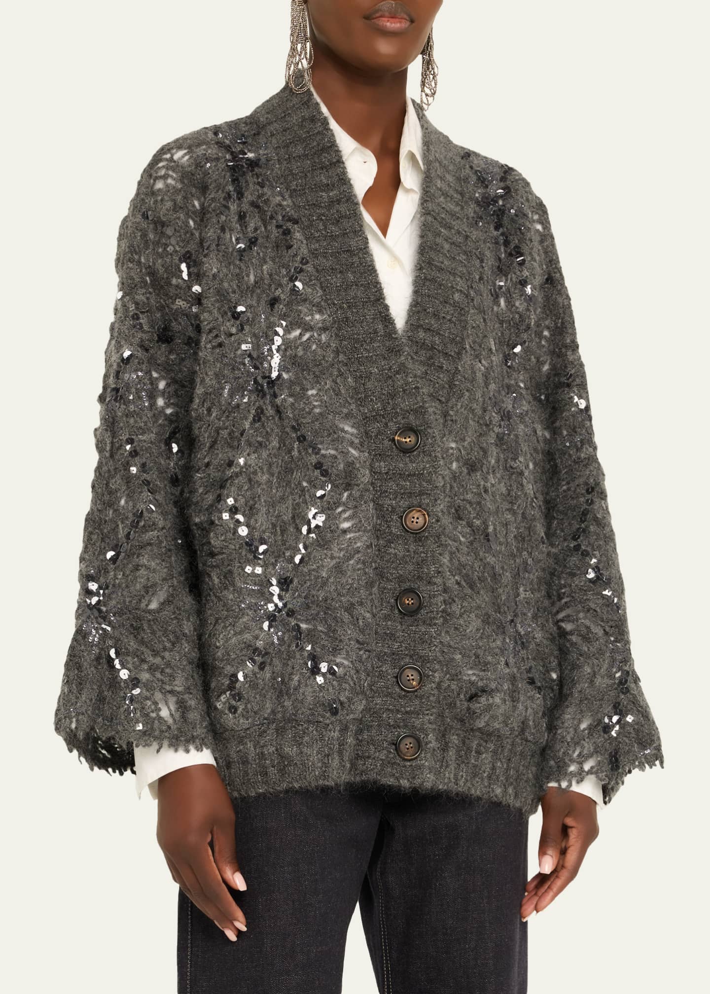 Brunello Cucinelli Frosty Sequined Wool-Cashmere V-Neck Cardigan
