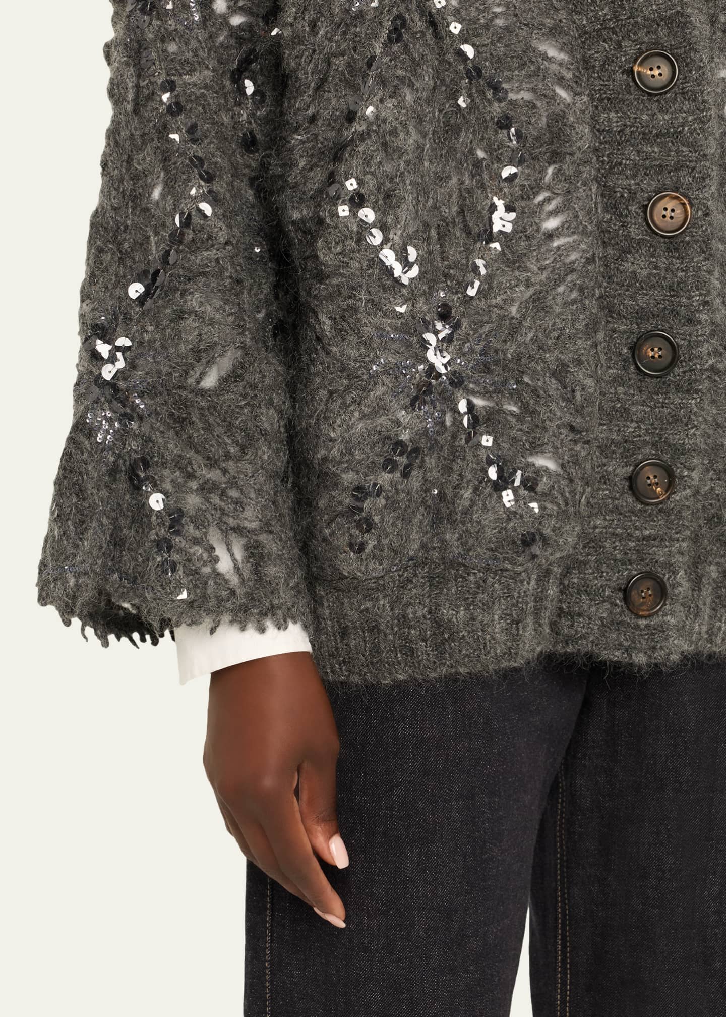 Brunello Cucinelli Frosty Sequined Wool-Cashmere V-Neck Cardigan