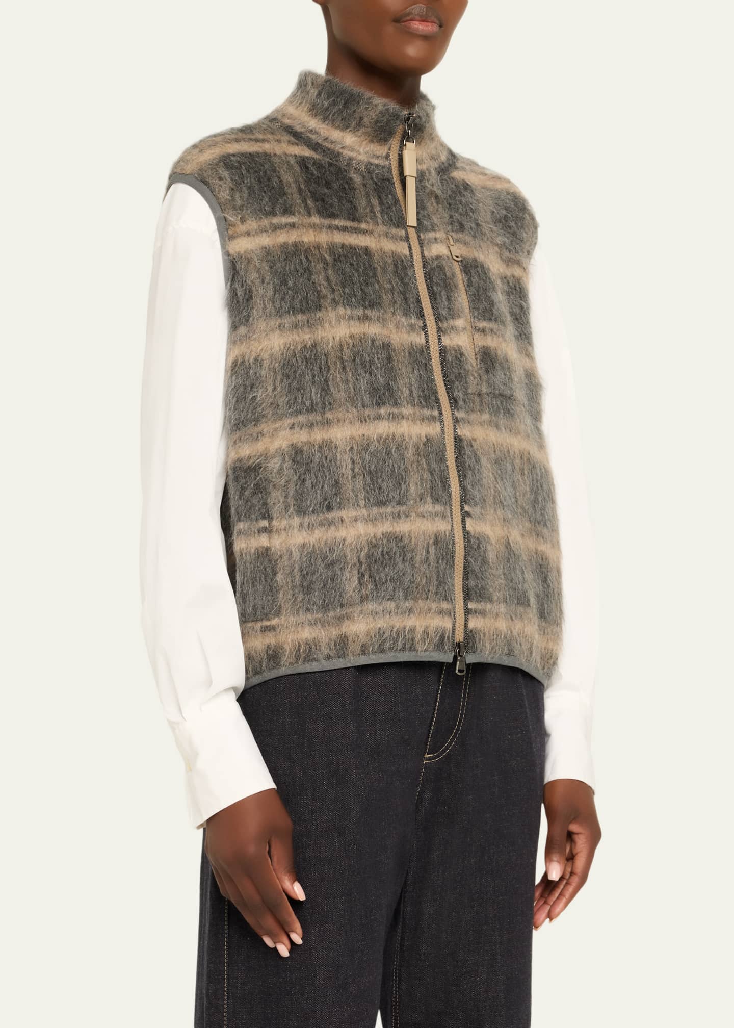BRUNELLO CUCINELLI ベスト ジレ フード ジップ チェック Brunello Cucinelli Fuzzy Check Wool-Mohair Zip Vest - Bergdorf Goodman