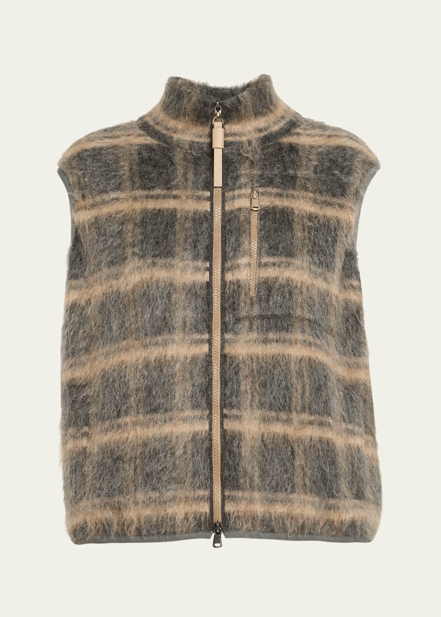 Brunello Cucinelli Fuzzy Check Wool-Mohair Zip Vest - Bergdorf Goodman