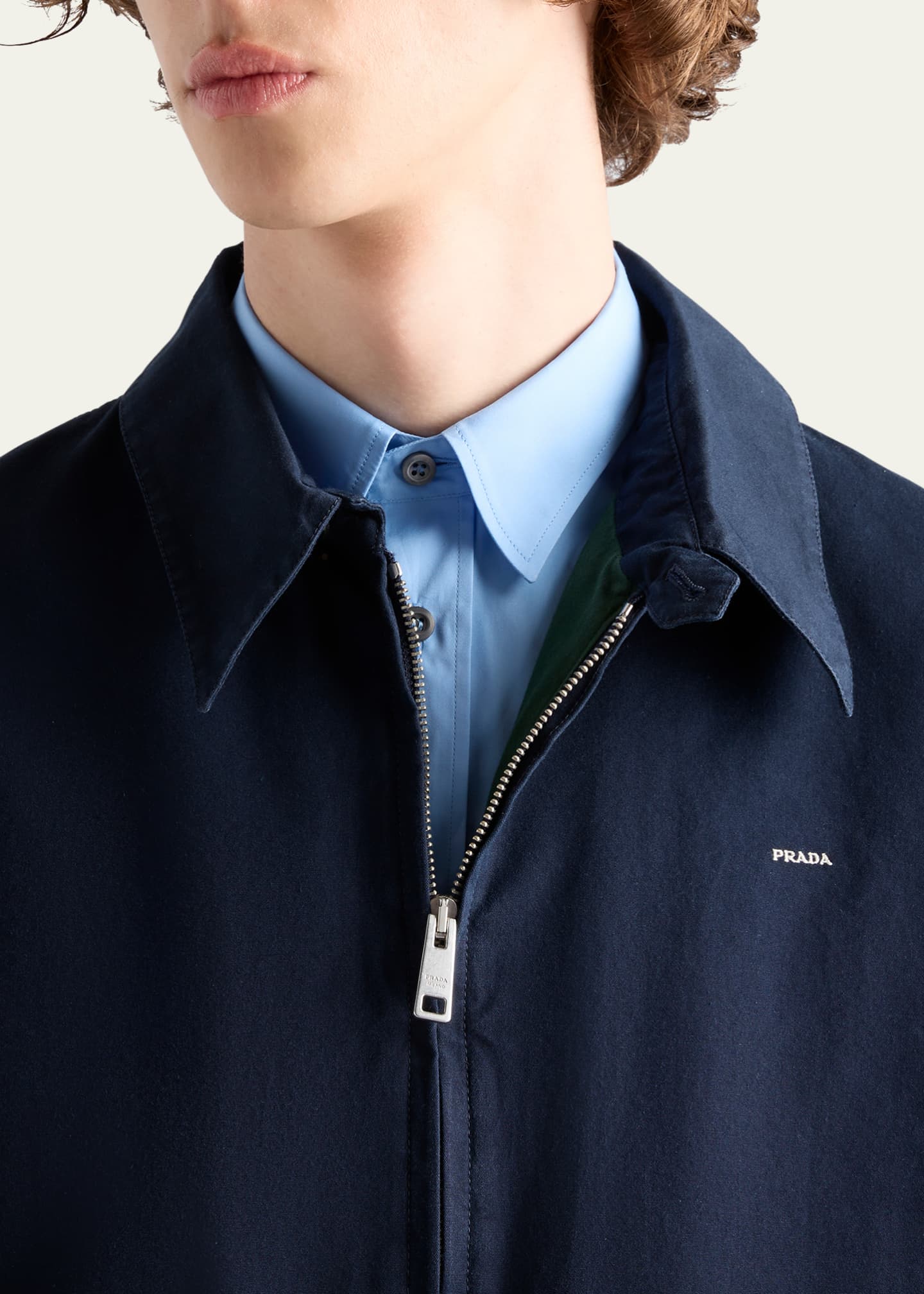 Prada Men's Poplin Chest Logo Full-Zip Shirt Jacket Image 4 of 4
