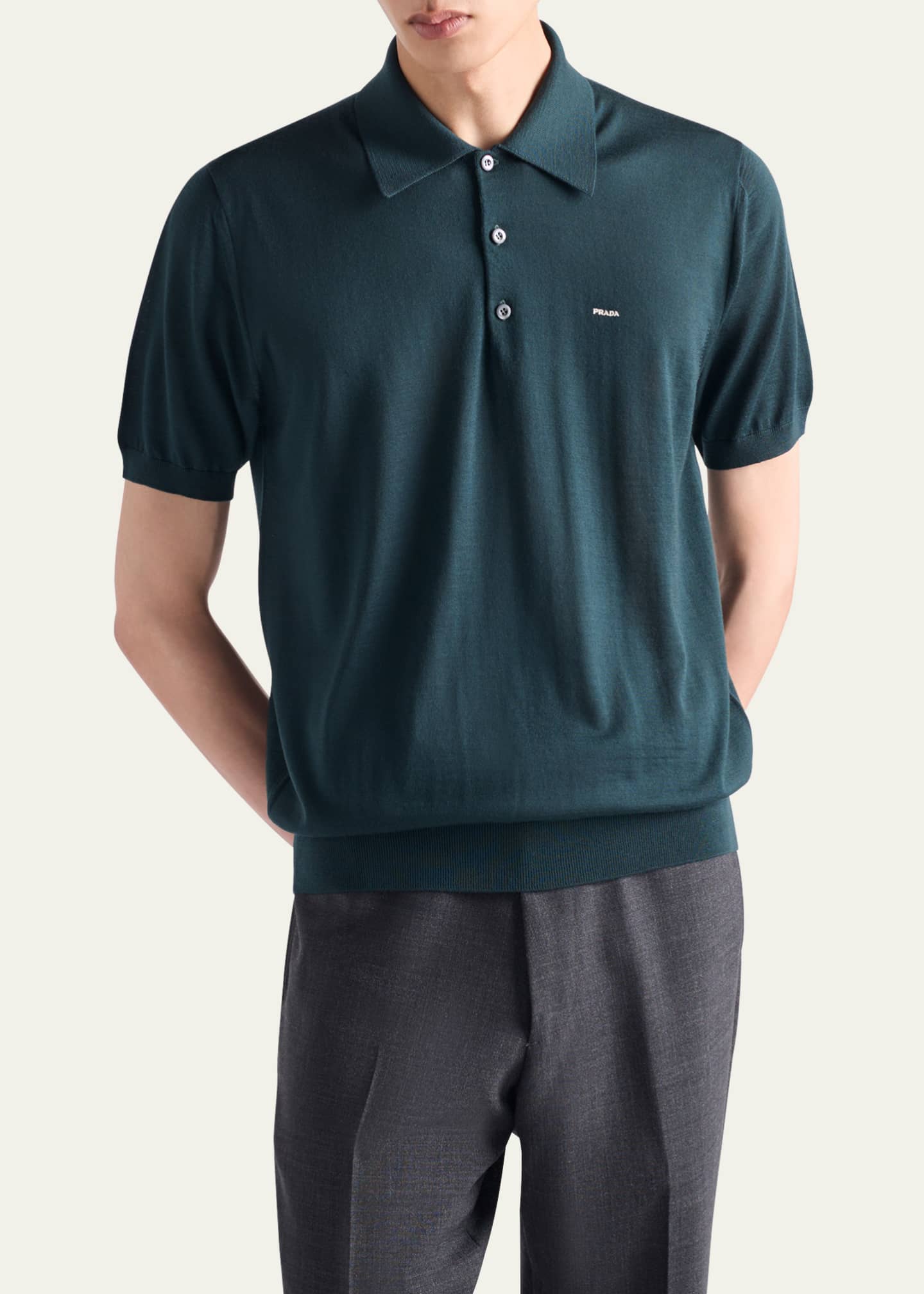 Prada Men's Superfine Wool Short-Sleeve Polo Sweater