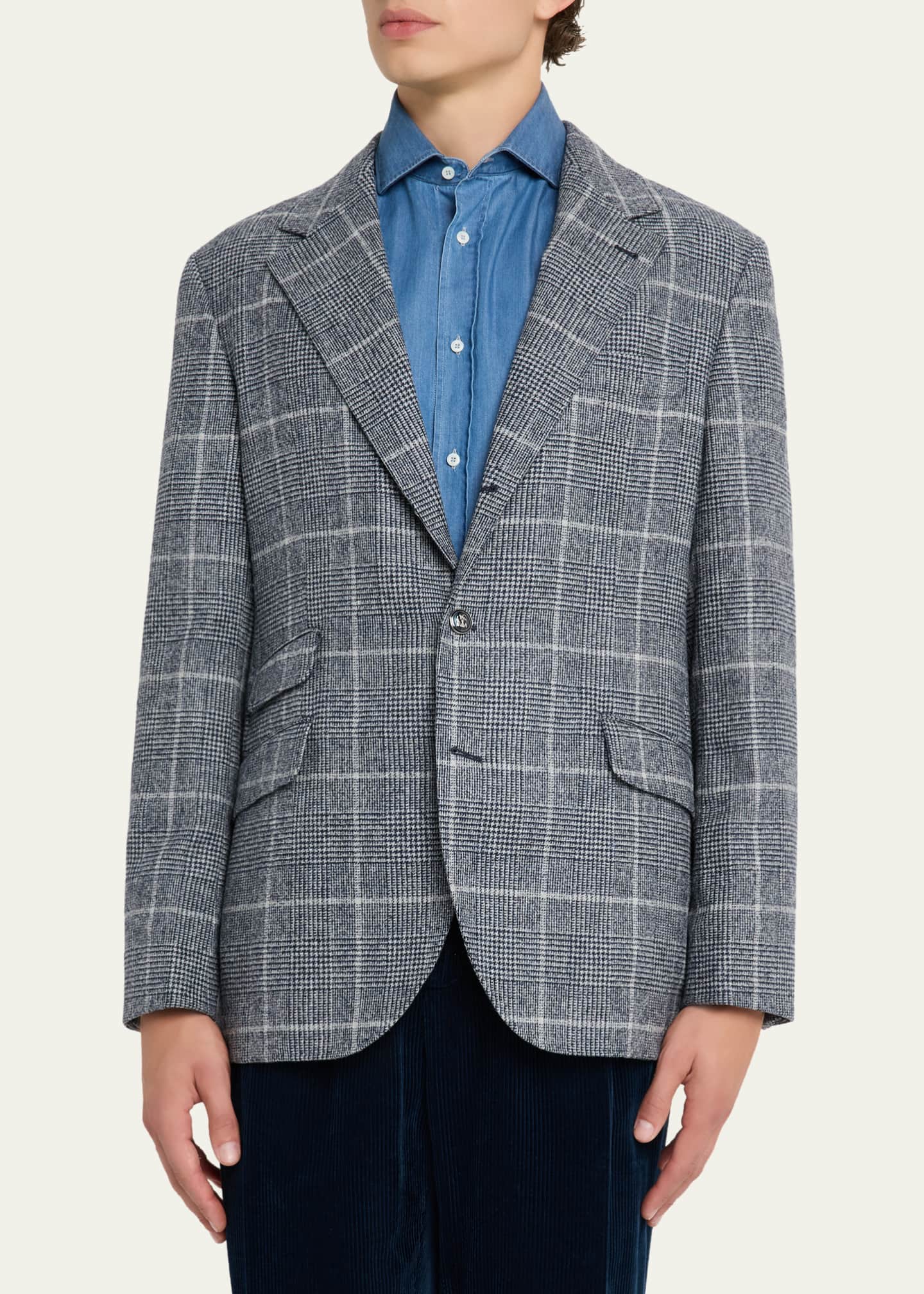 Brunello Cucinelli Men's Overplaid Metal-Button Sport Coat