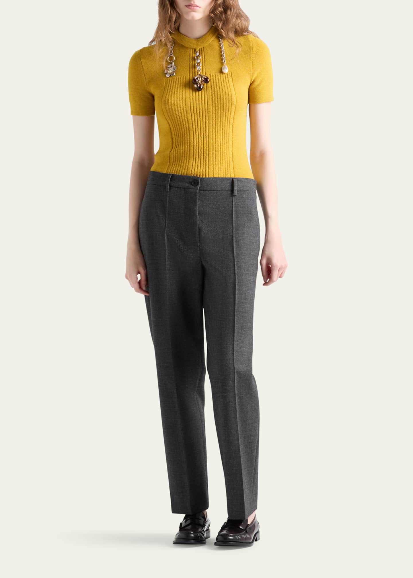 Prada Chain Embroidered Wool Knit Short-Sleeve Sweater - Bergdorf