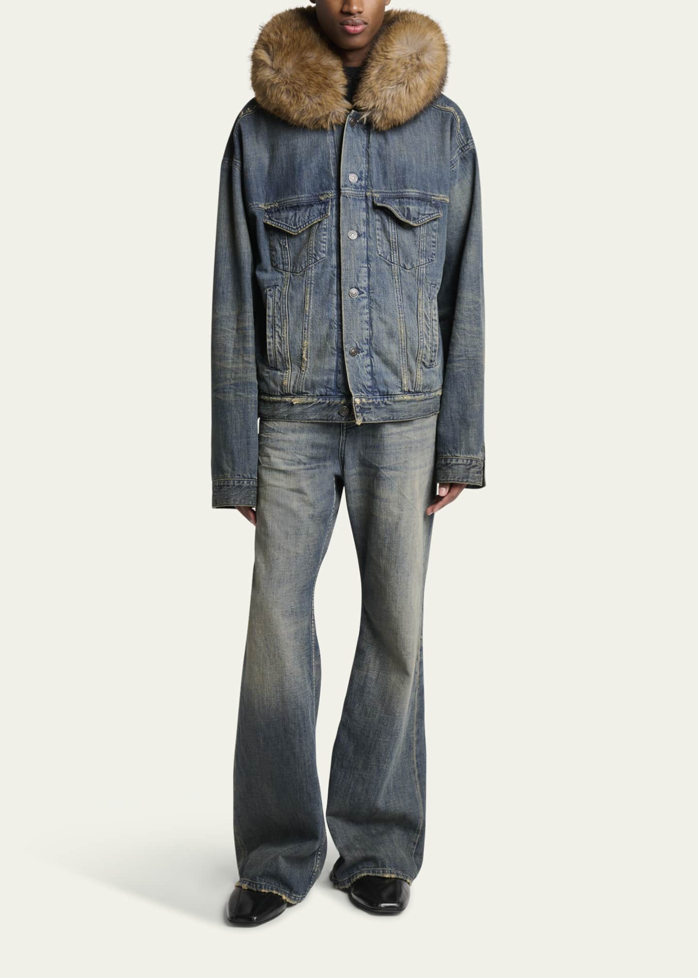 Balenciaga Men's Faux Fur-Trim Hooded Denim Trucker Jacket