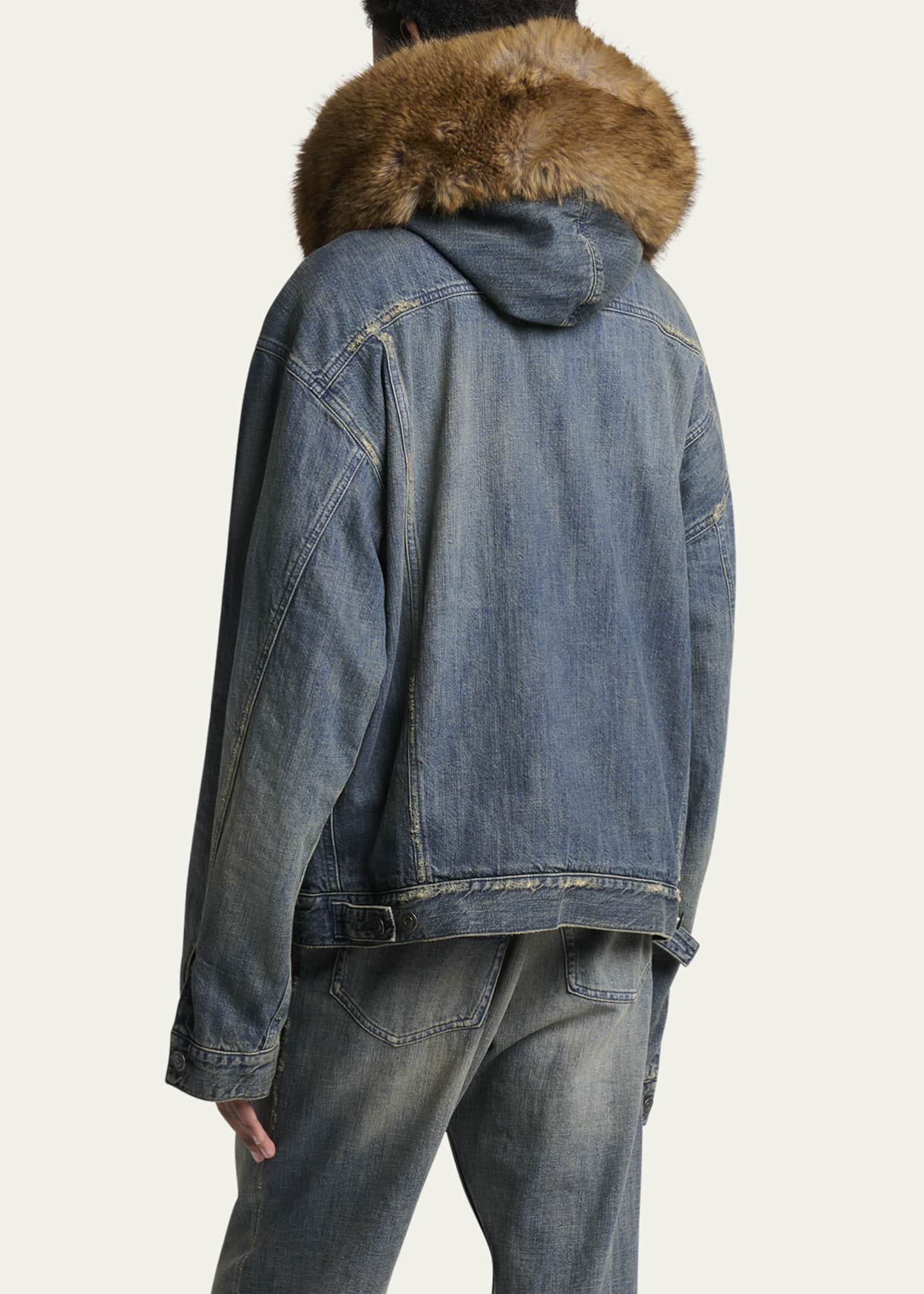 Balenciaga Men's Faux Fur-Trim Hooded Denim Trucker Jacket