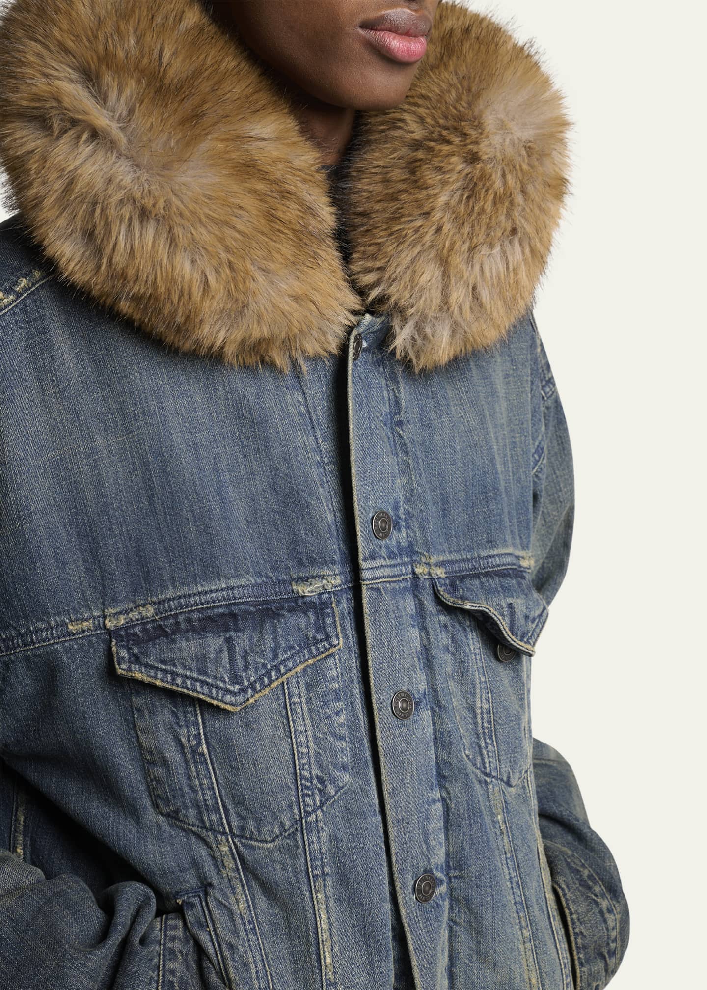 Balenciaga Men's Faux Fur-Trim Hooded Denim Trucker Jacket
