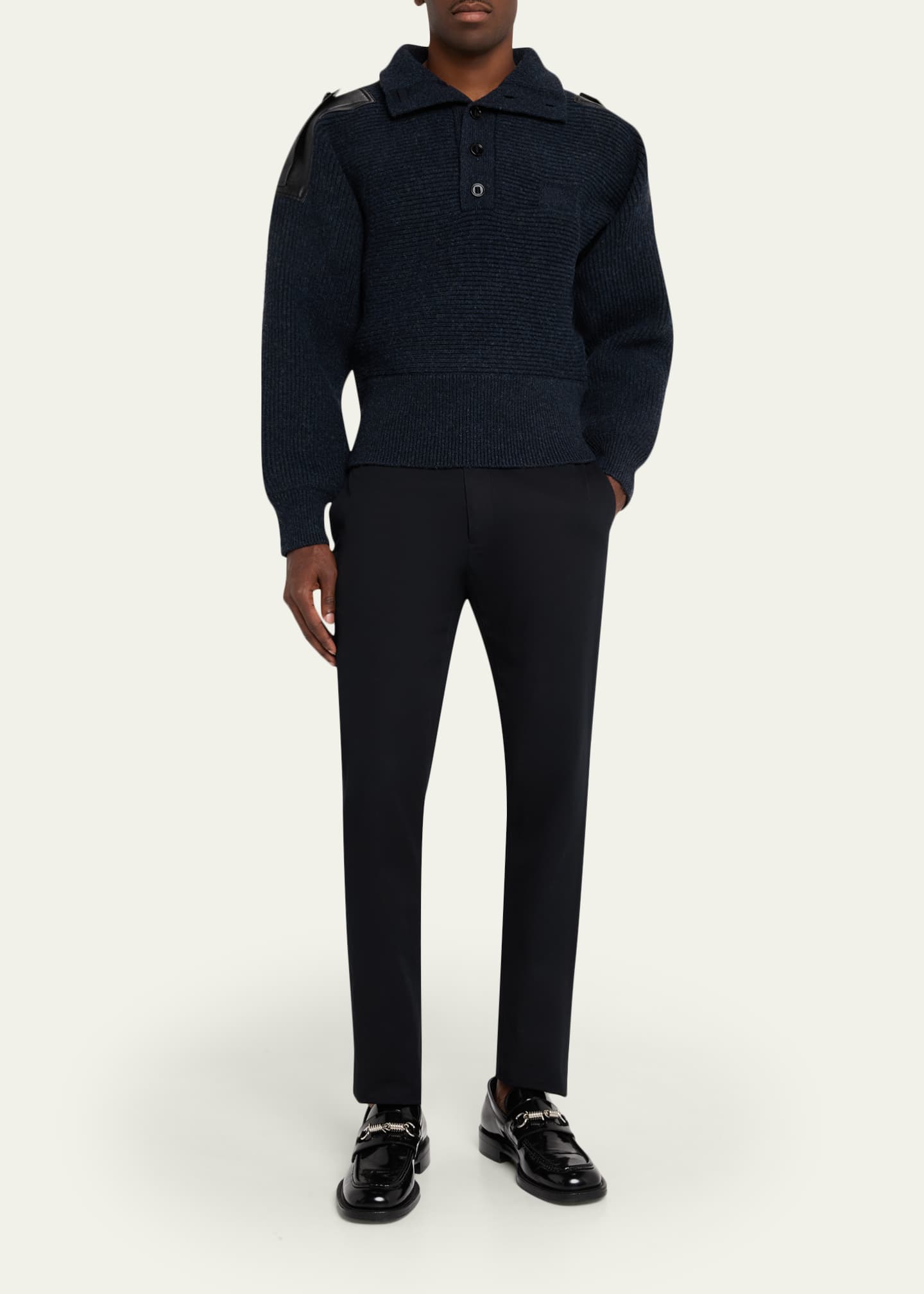 Burberry Men's Wool Half-Placket Leather-Epaulette Turtleneck