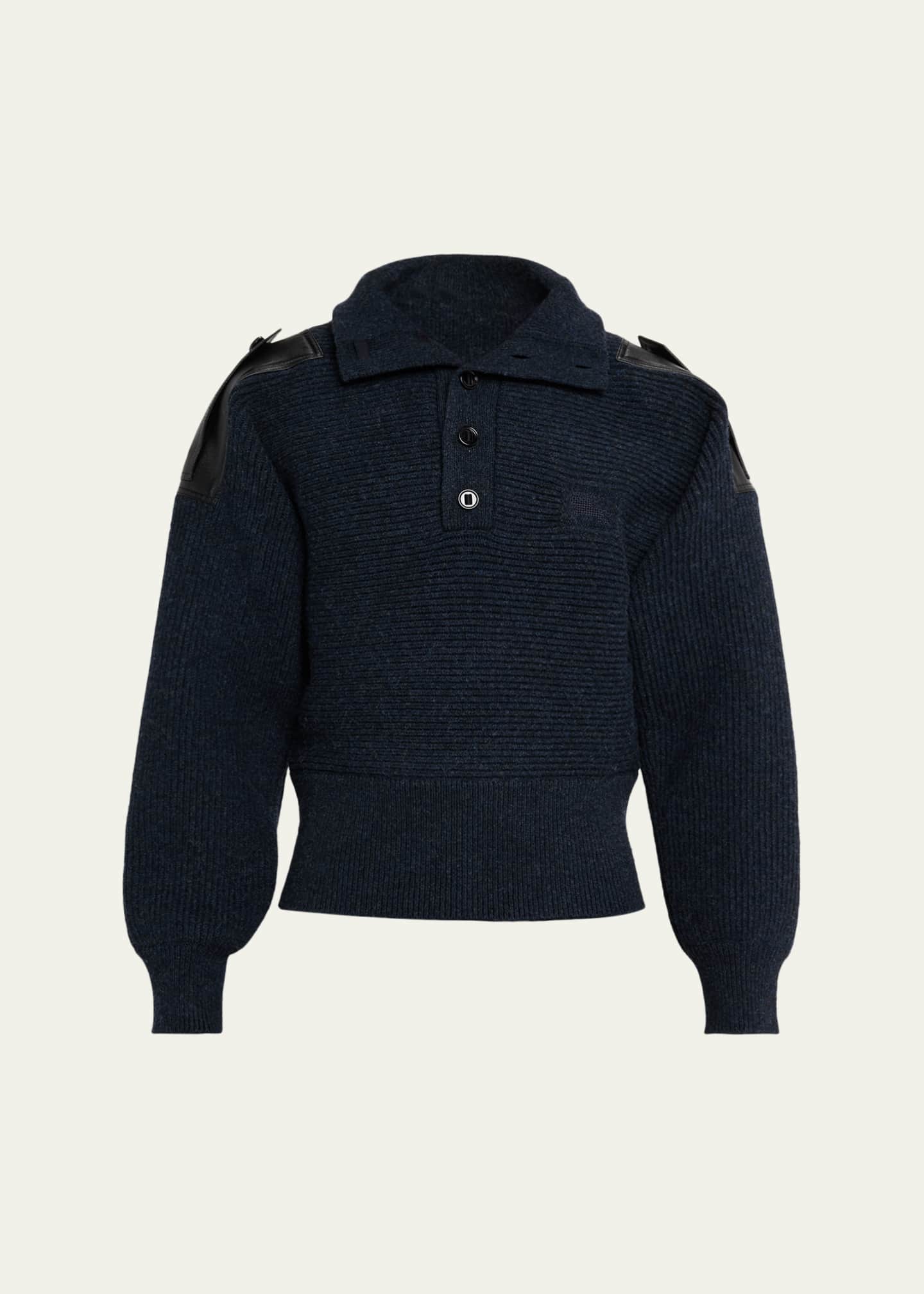 Burberry Men's Wool Half-Placket Leather-Epaulette Turtleneck