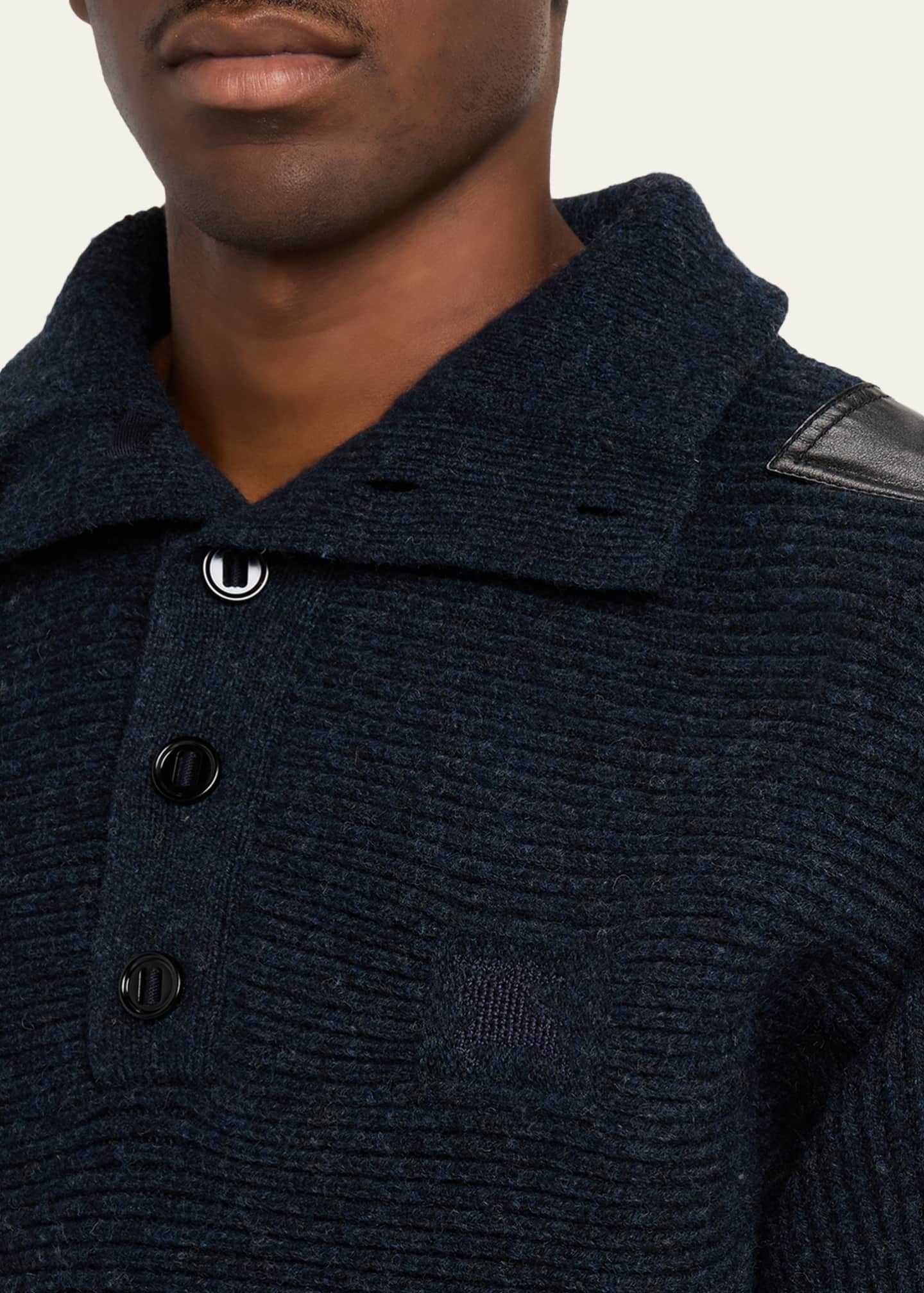 Burberry Men's Wool Half-Placket Leather-Epaulette Turtleneck