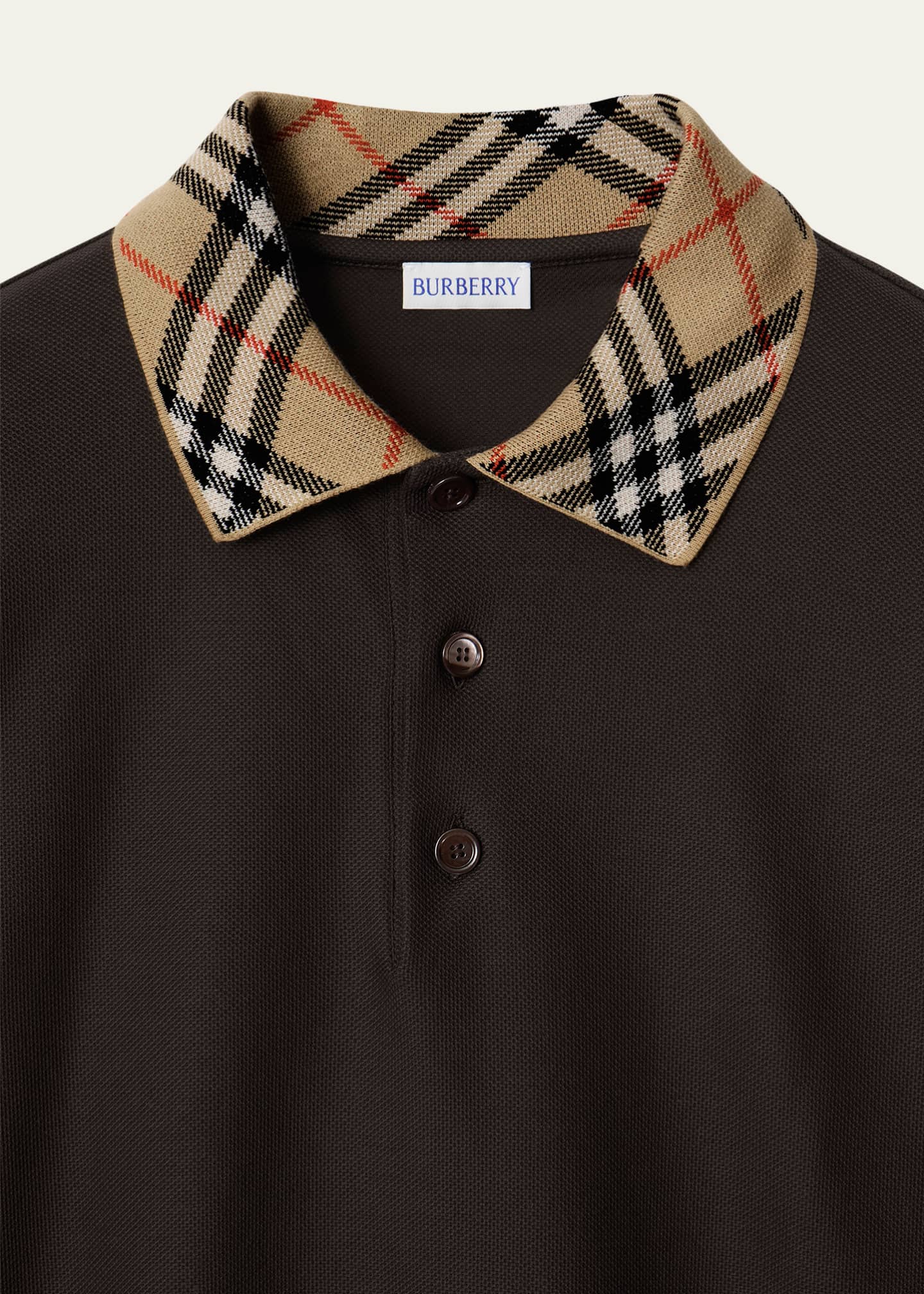 Burberry Men's Slim Cotton Check-Collar Long-Sleeve Polo Shirt