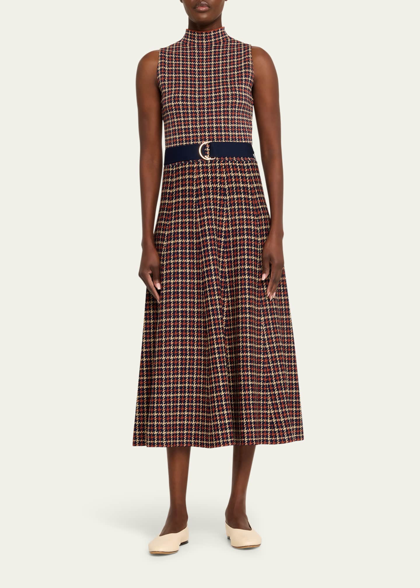 Brice Belted Plaid Knit Midi Dress