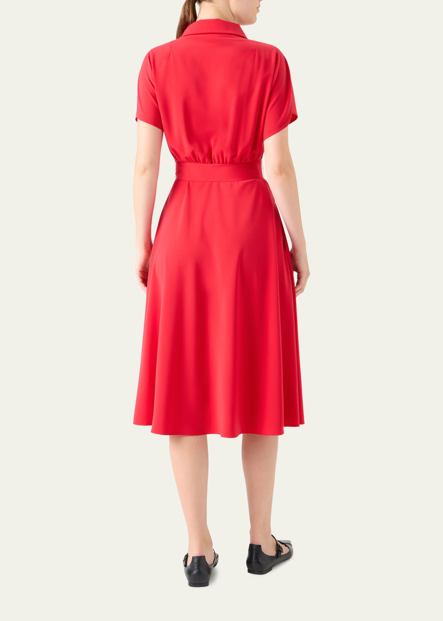 Akris Punto Short-Sleeve Belted Snap-Slit Midi Shirtdress, Red, Women's, 6, Casual & Work Dresses Shirtdresses Button-Down Shirt Dresses