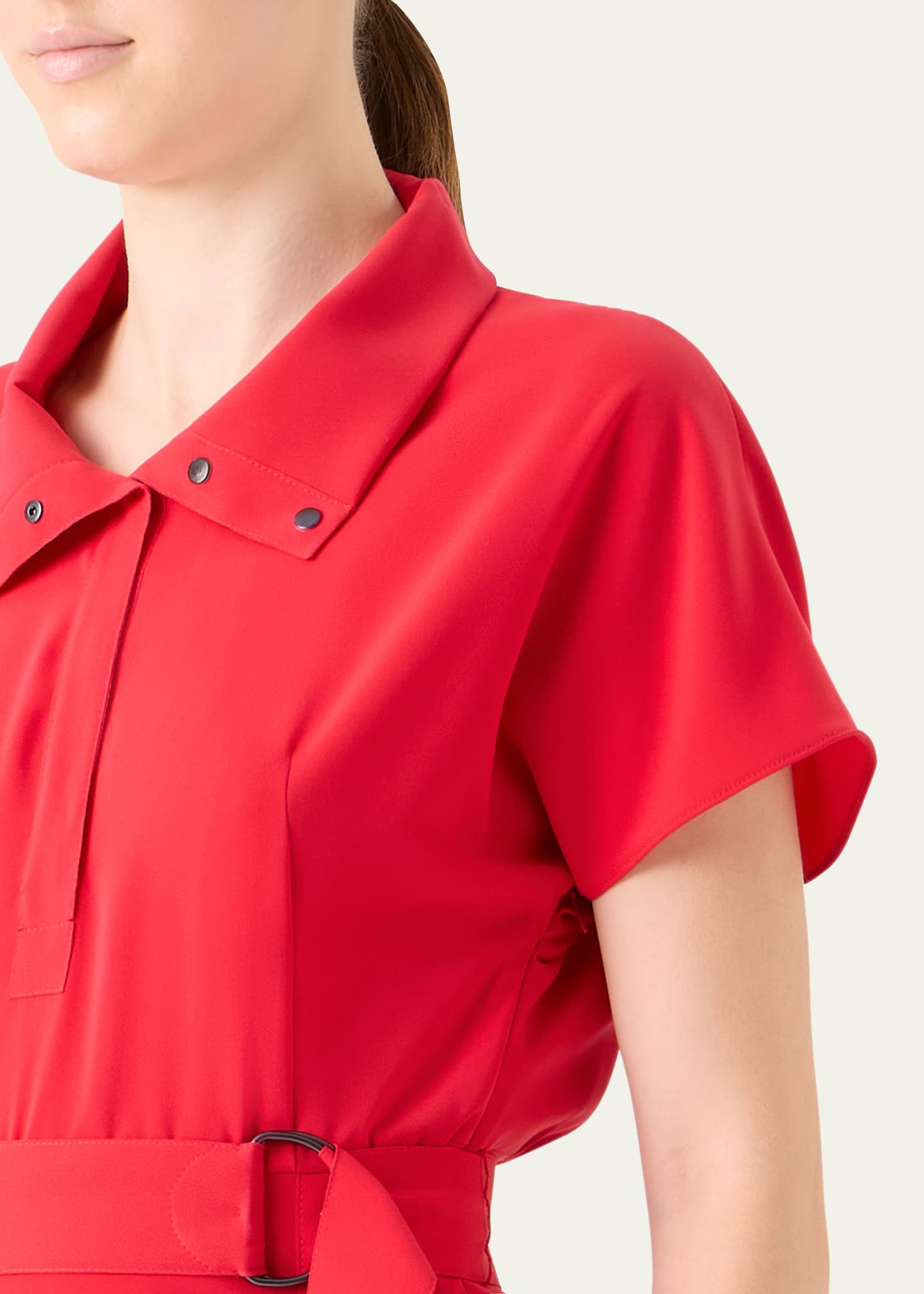 Akris punto Short-Sleeve Belted Snap-Slit Midi Shirtdress