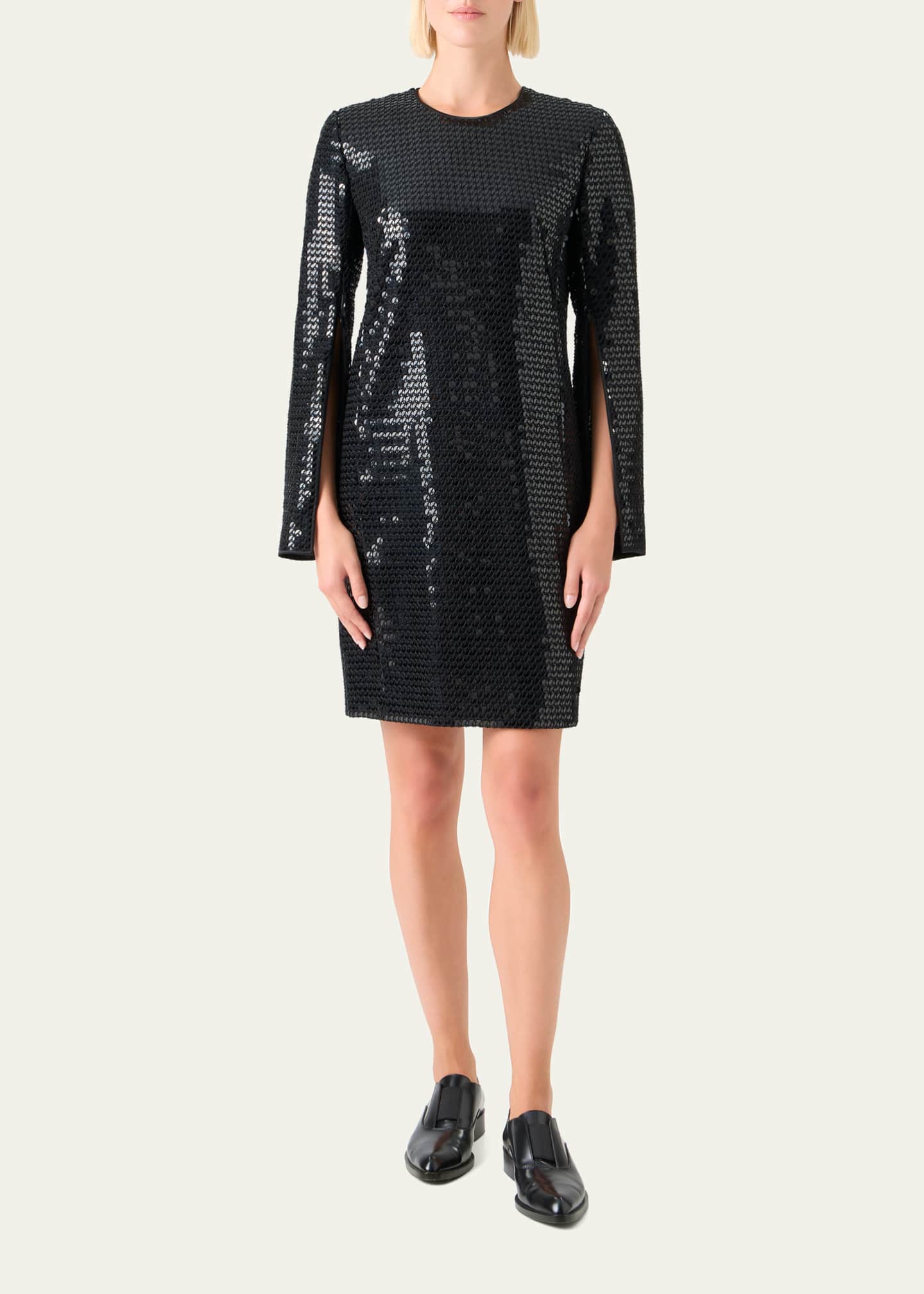 akris sequin dress Corded Sequins on Chiffon Cocktail Sheath Dress Black / 12
