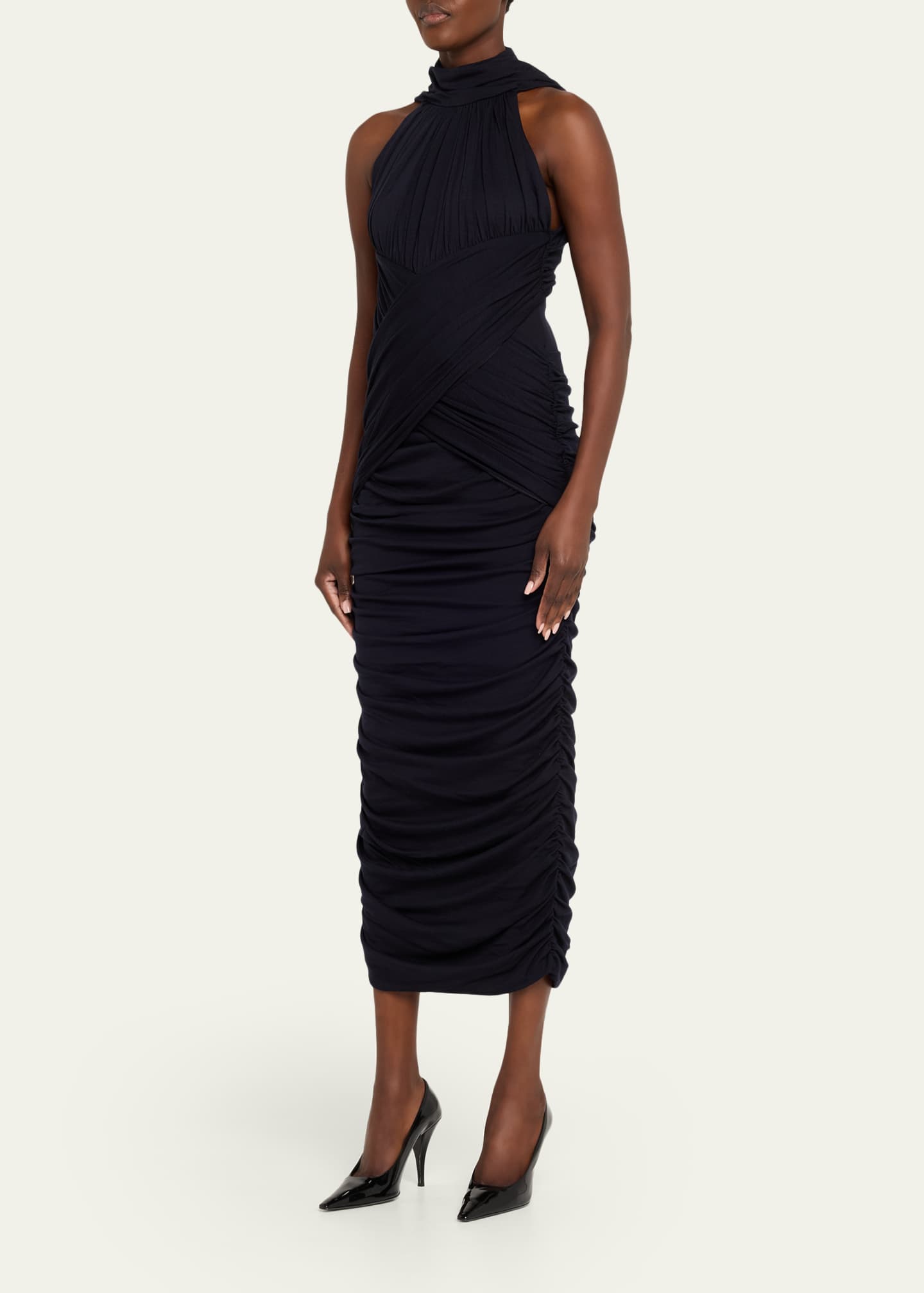 Balmain Draped Wool-Jersey Midi Dress - Black