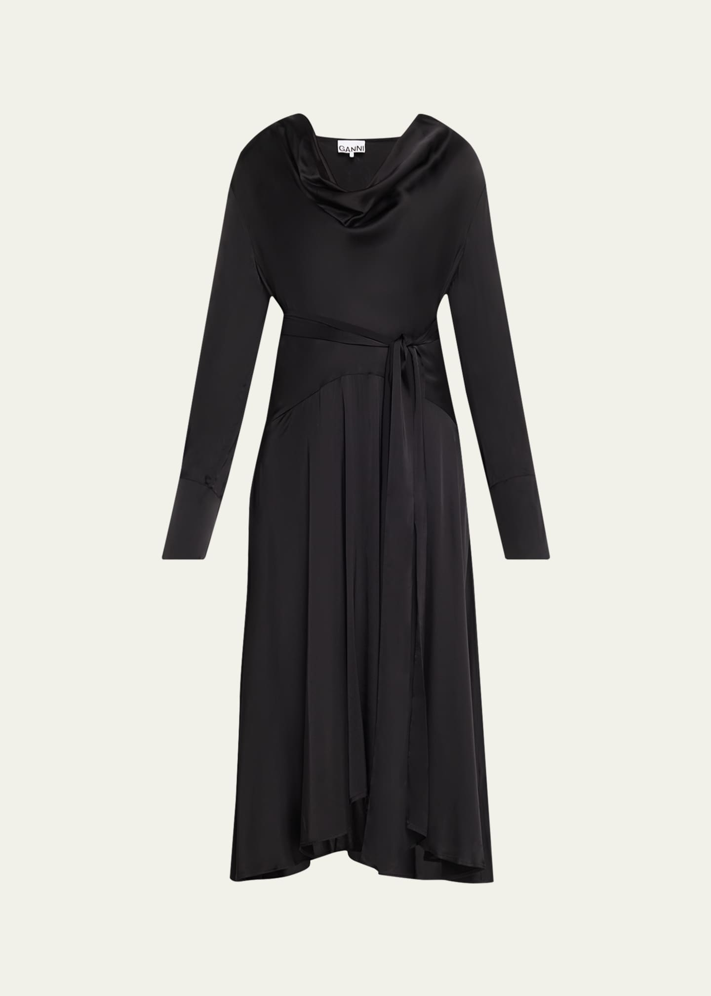 Ganni Women's Stretch-Satin Cowlneck Midi-Dress - Black - Size 10