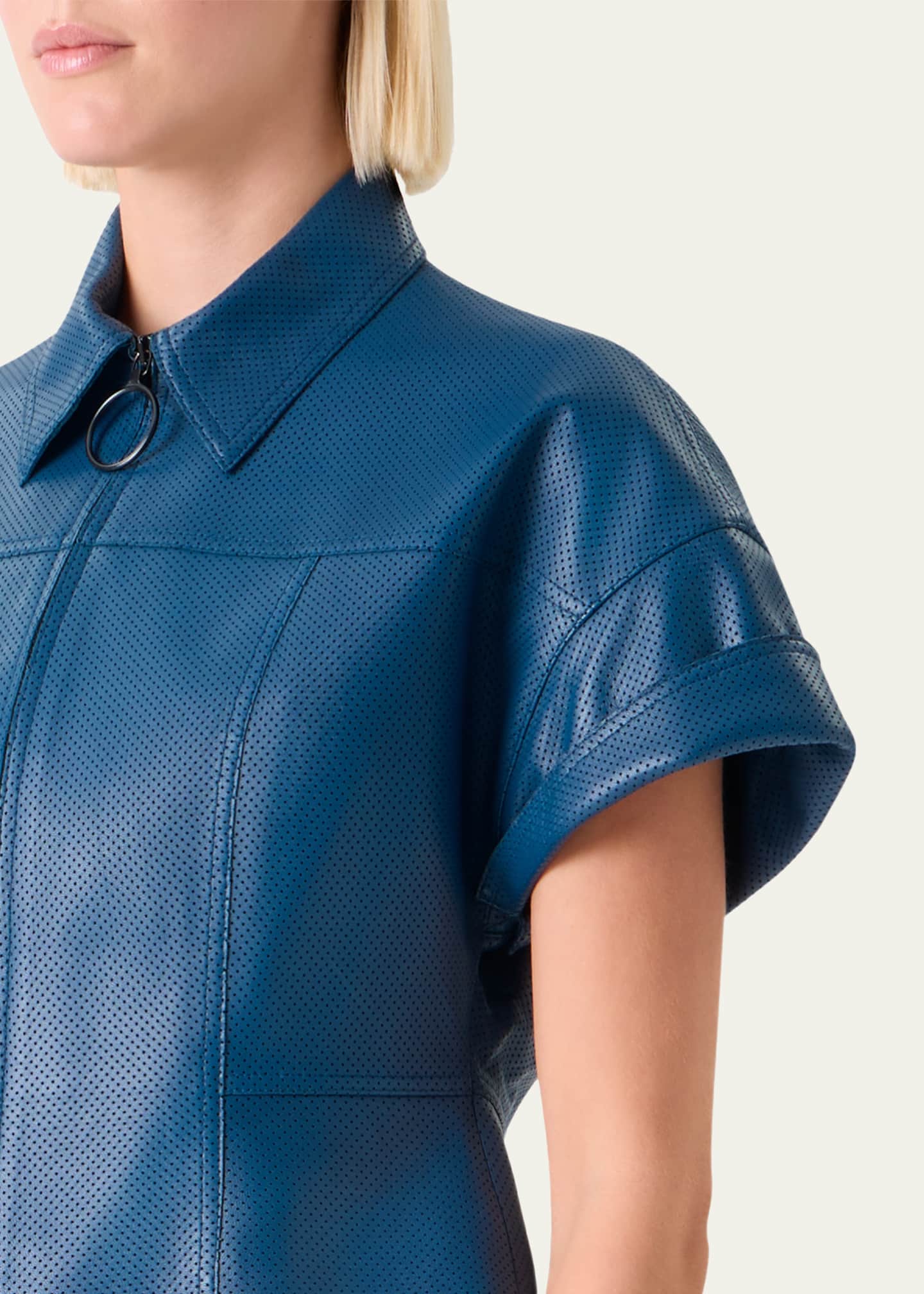 Akris punto Pin-Dot Nappa Leather Short-Sleeve Zip Jacket