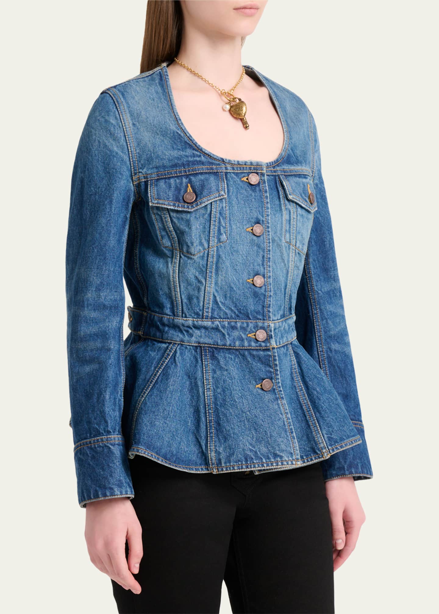 Chloe Long-Sleeve Denim Peplum Top - Bergdorf Goodman