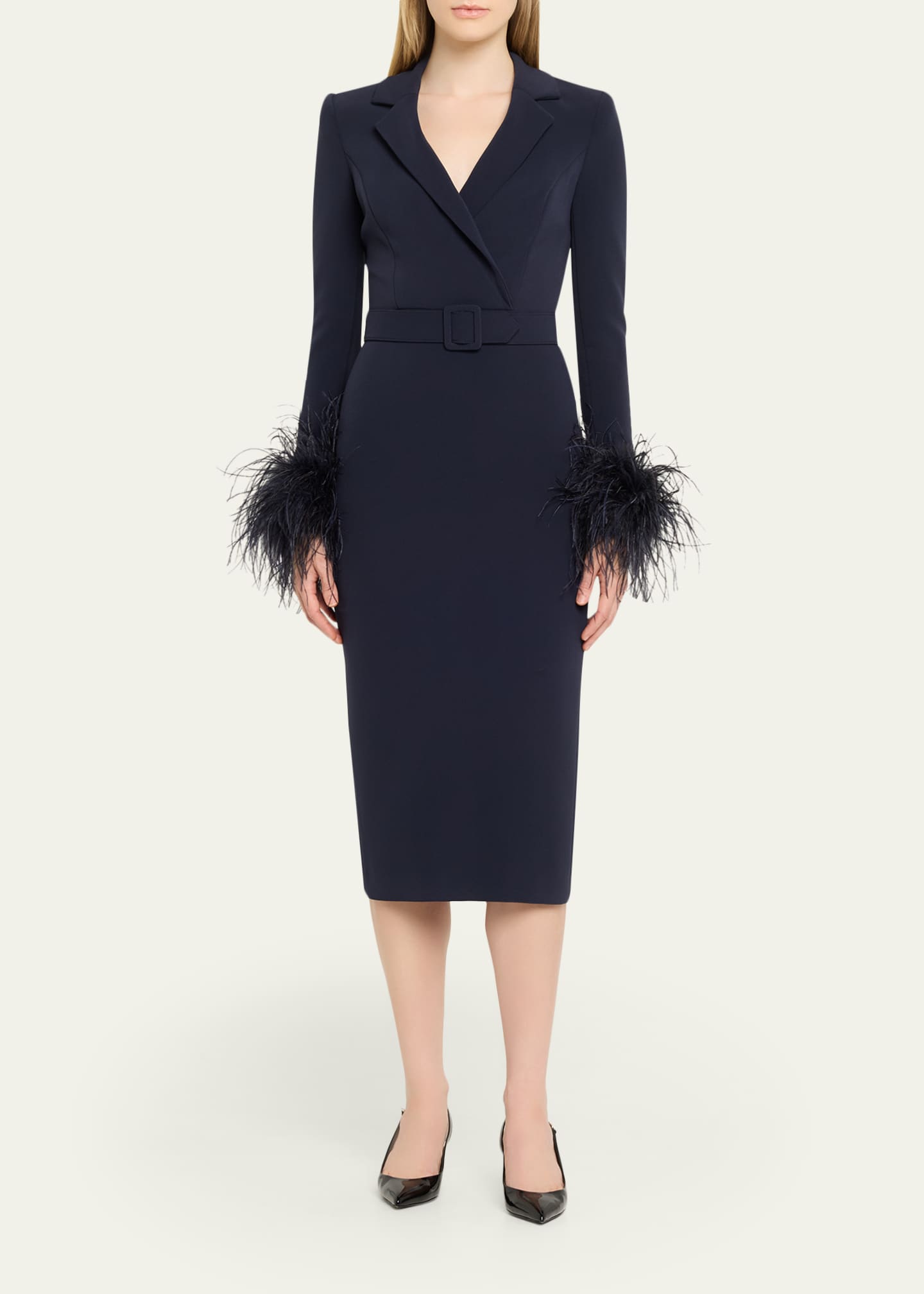 Belted Feather-Cuff Midi Sheath Dress