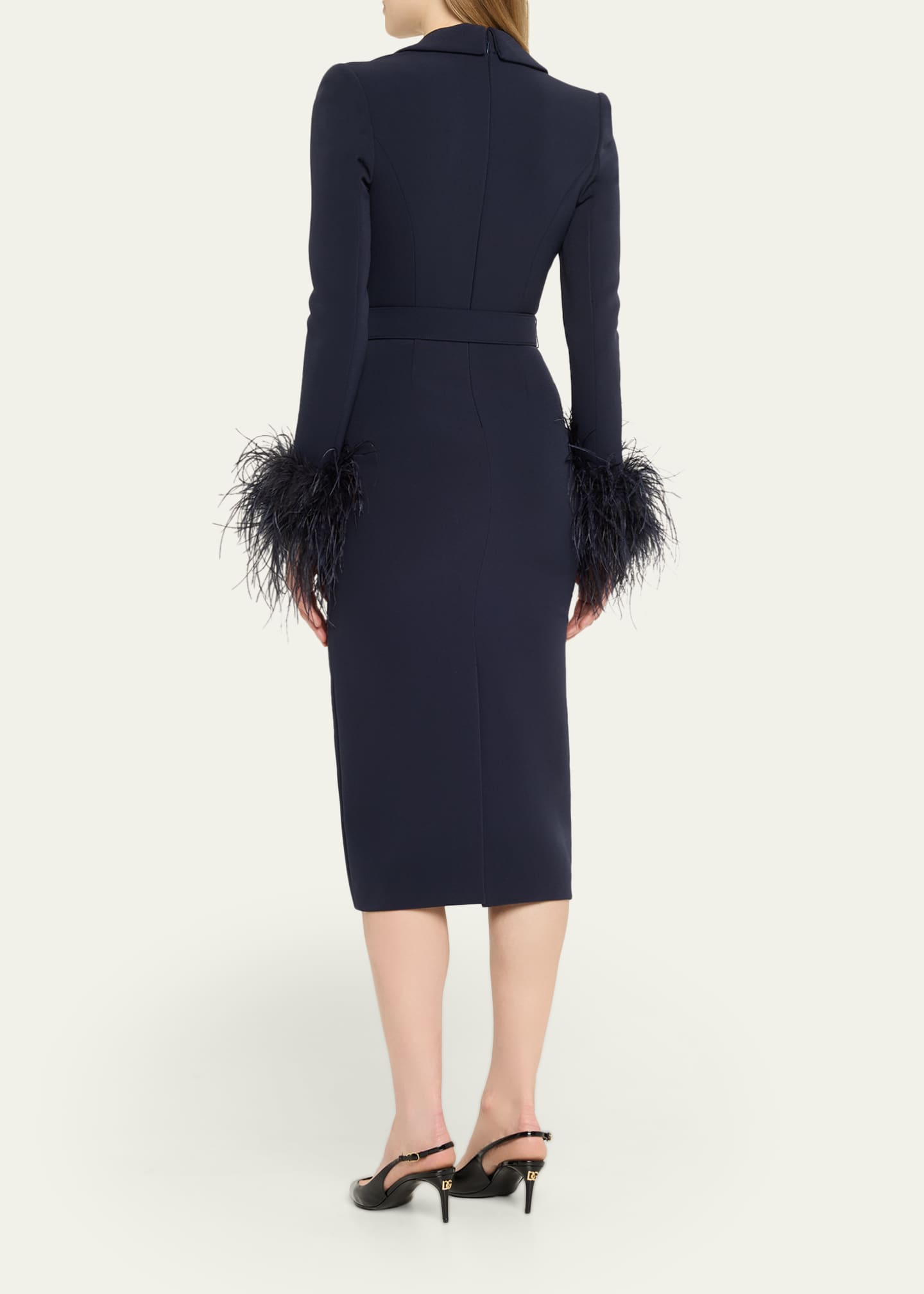 Belted Feather-Cuff Midi Sheath Dress