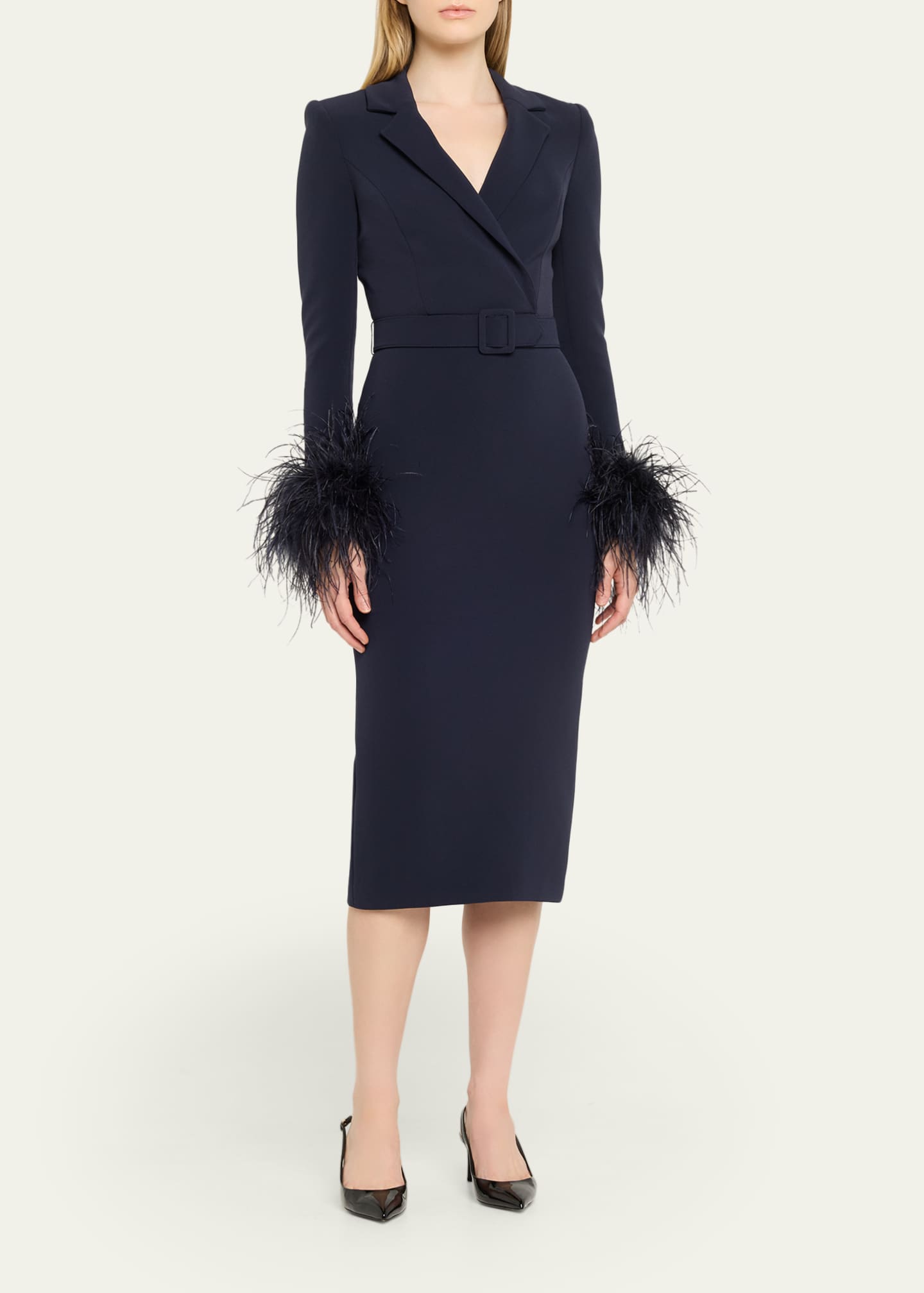 Belted Feather-Cuff Midi Sheath Dress