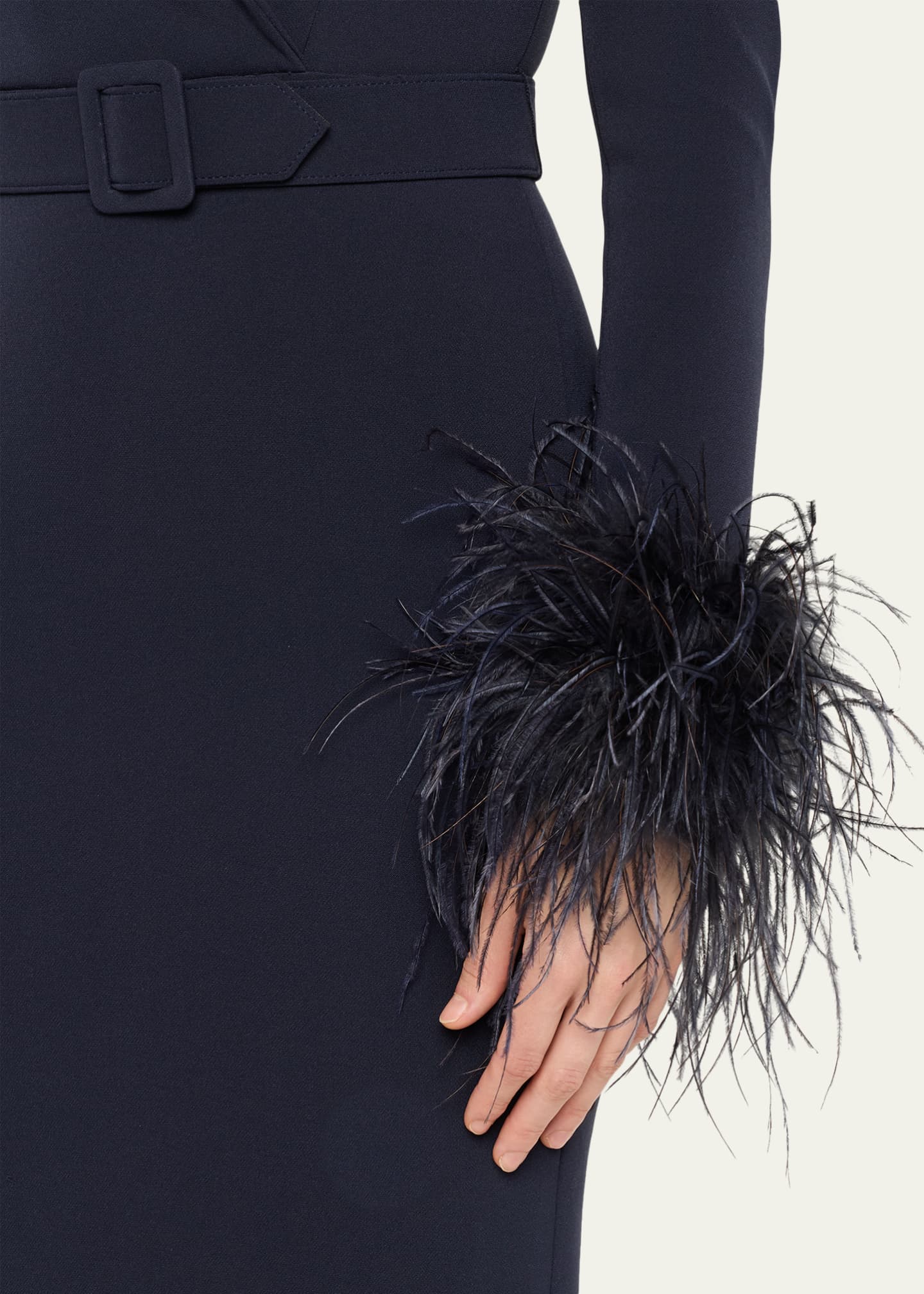 Belted Feather-Cuff Midi Sheath Dress