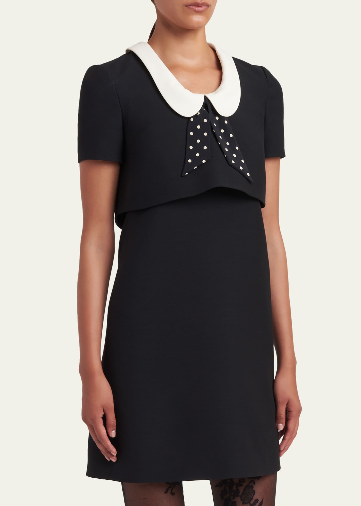 valentino black dress white collar Valentino Garavani Polka-Dot Tie Collar Short-Sleeve Mini Dress