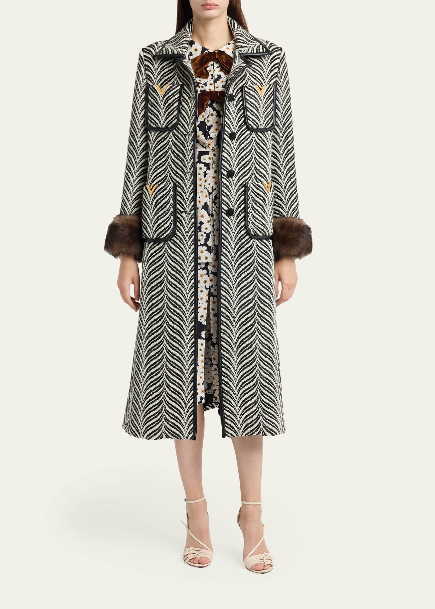Valentino Garavani Lamb Shearling Cuff Belted Herringbone Coat