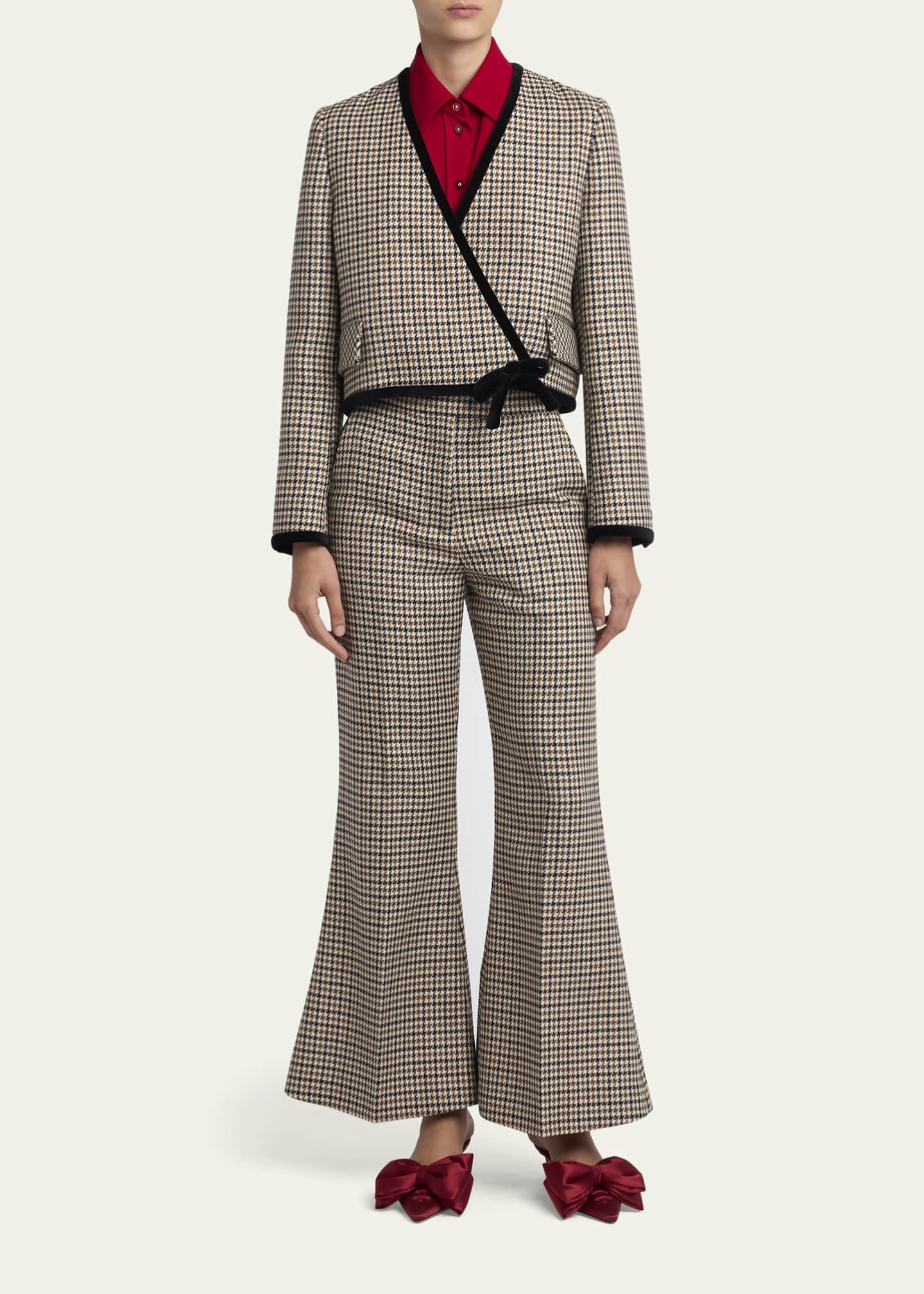 Valentino Garavani Velvet-Trim Houndstooth Crop Wrap Jacket
