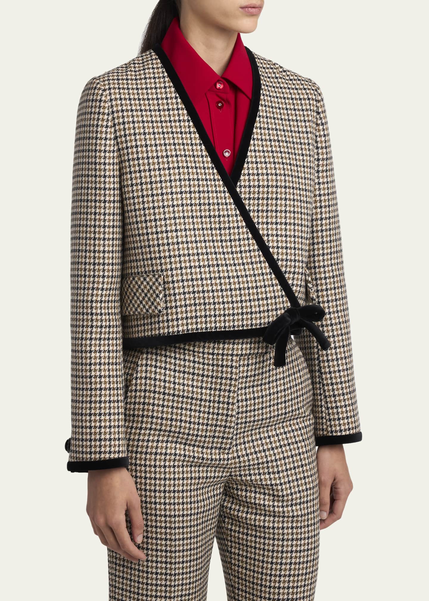 Valentino Garavani Velvet-Trim Houndstooth Crop Wrap Jacket