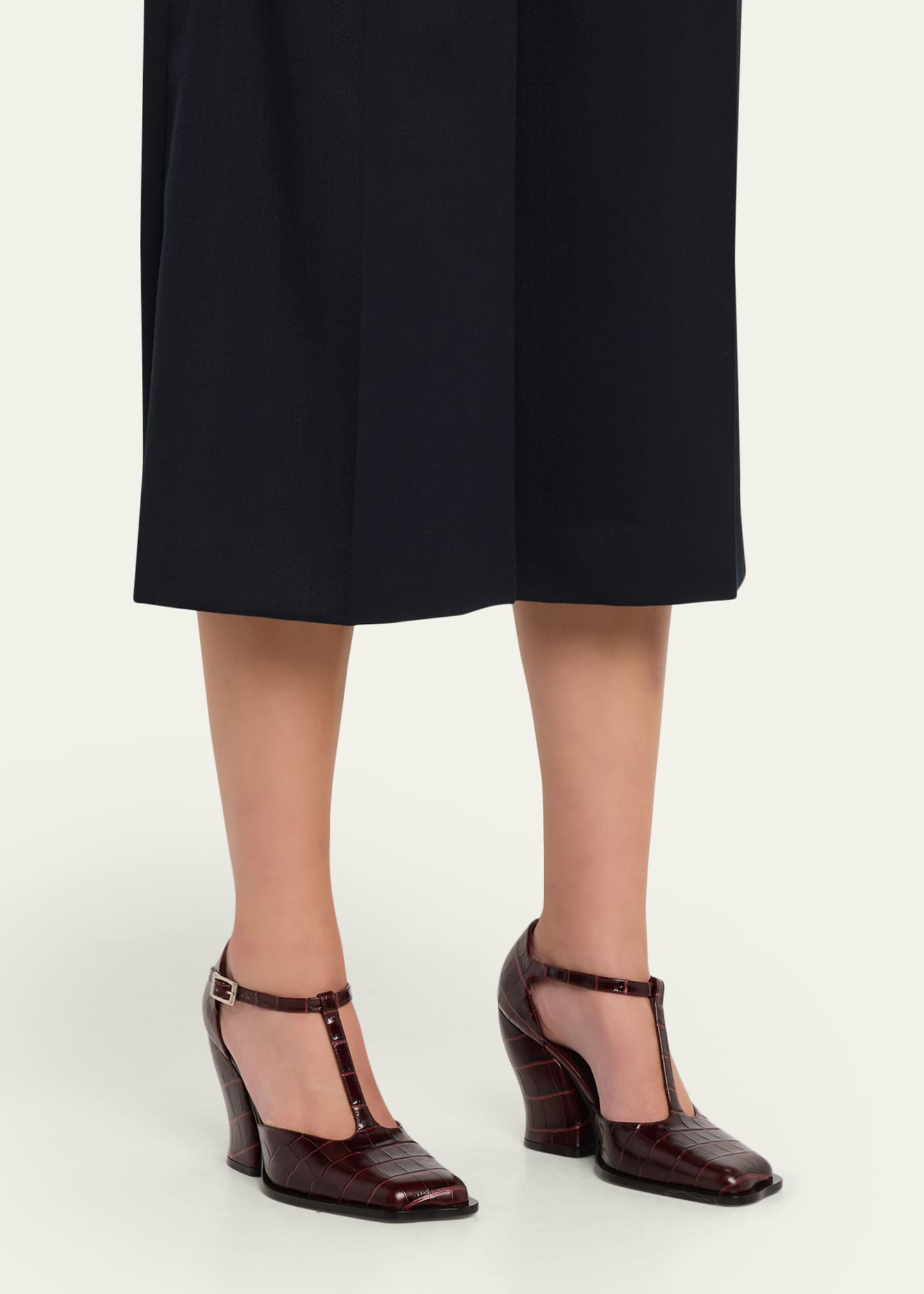 Onda Croc-Embossed Leather T-Bar Pumps
