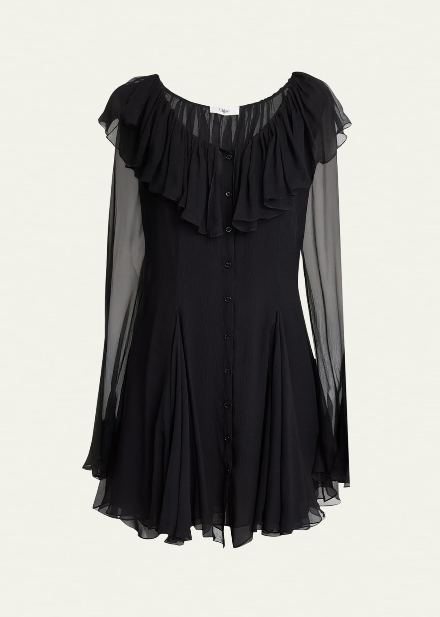 Chlo - Flared Mini Dress in Silk Mousseline - Black - 34 - Silk