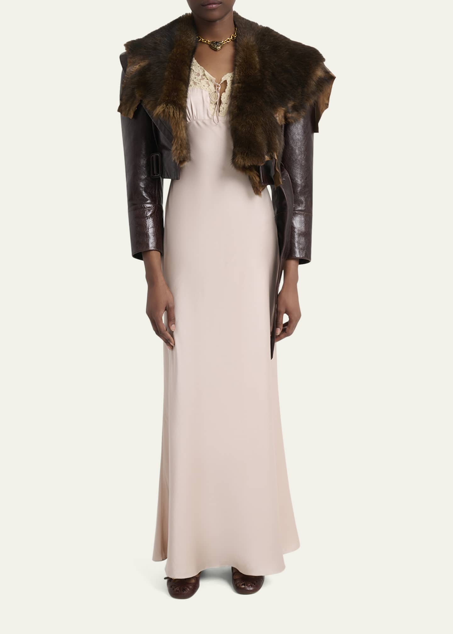 Shiny Leather Crop Moto Jacket With Removable Lamb Shearling Collar